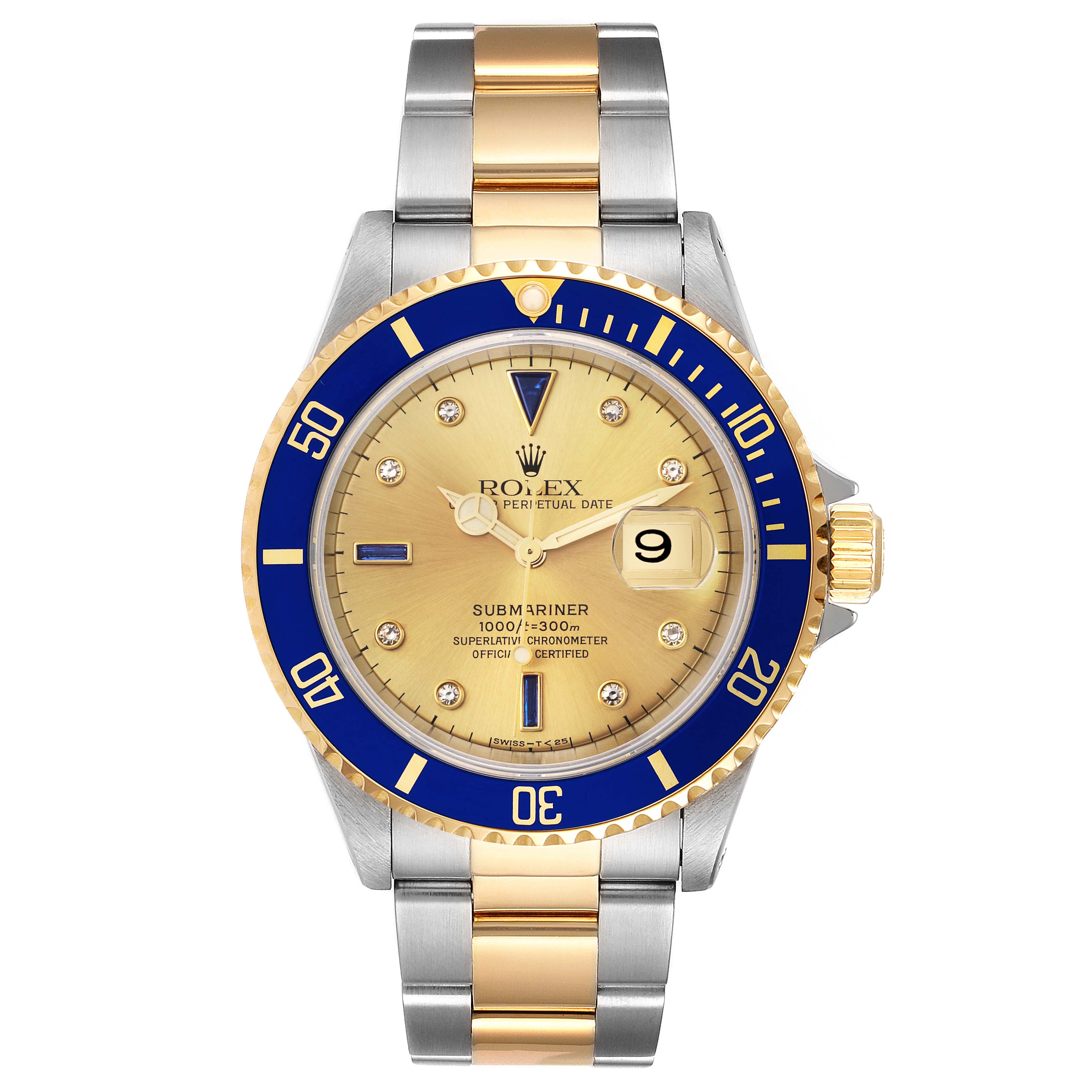This is a front view of a Rolex Submariner 16613 Men
s Steel and Gold (two tone) Champagne Dial 16613 Men
s Steel and Gold (two tone) Champagne Dial watch, showing the dial, bezel, date window, and bracelet.