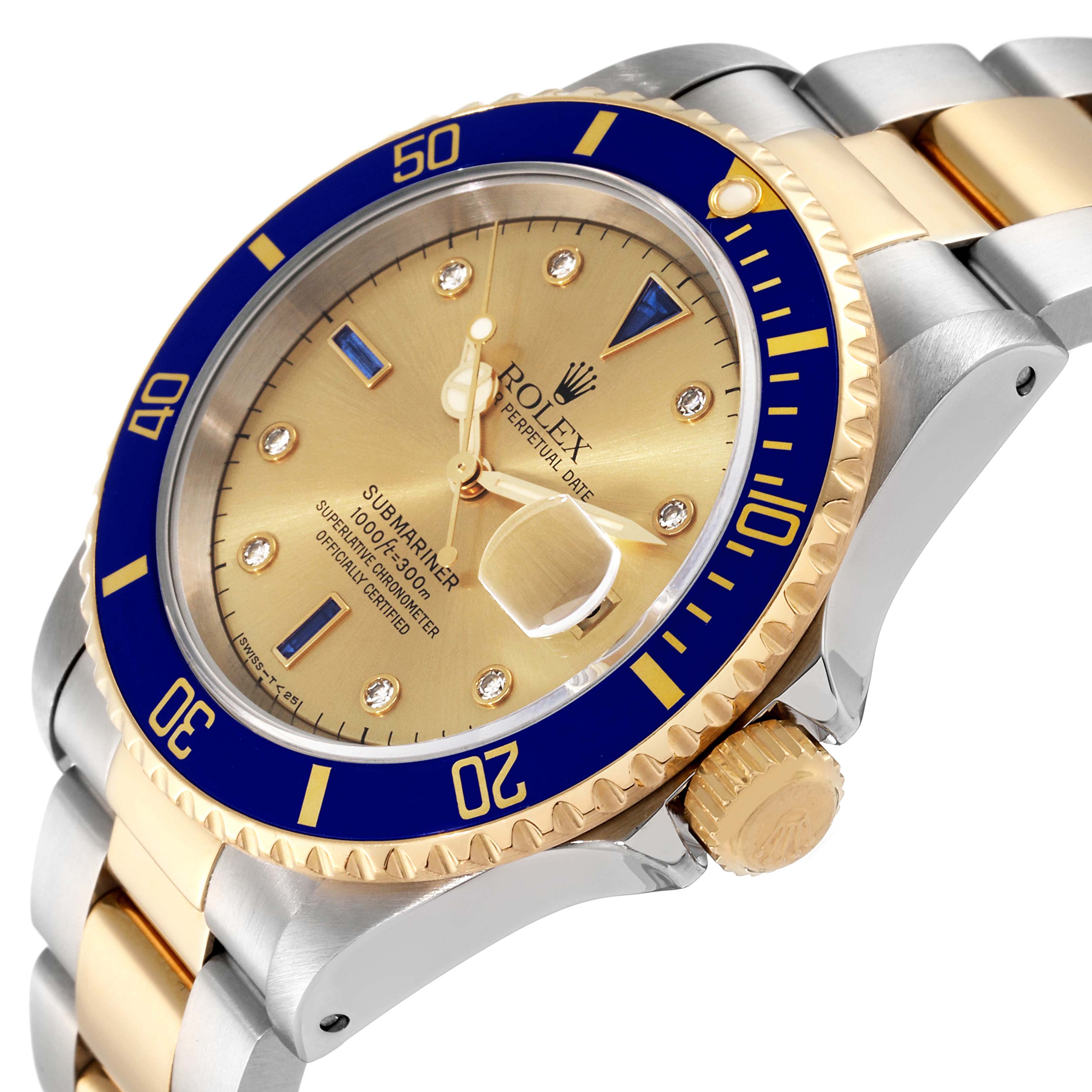 This image shows the Rolex Submariner 16613 Men
s Steel and Gold (two tone) Champagne Dial 16613 Men
s Steel and Gold (two tone) Champagne Dial at an oblique angle, highlighting its bezel, dial, crown, and part of its bracelet.