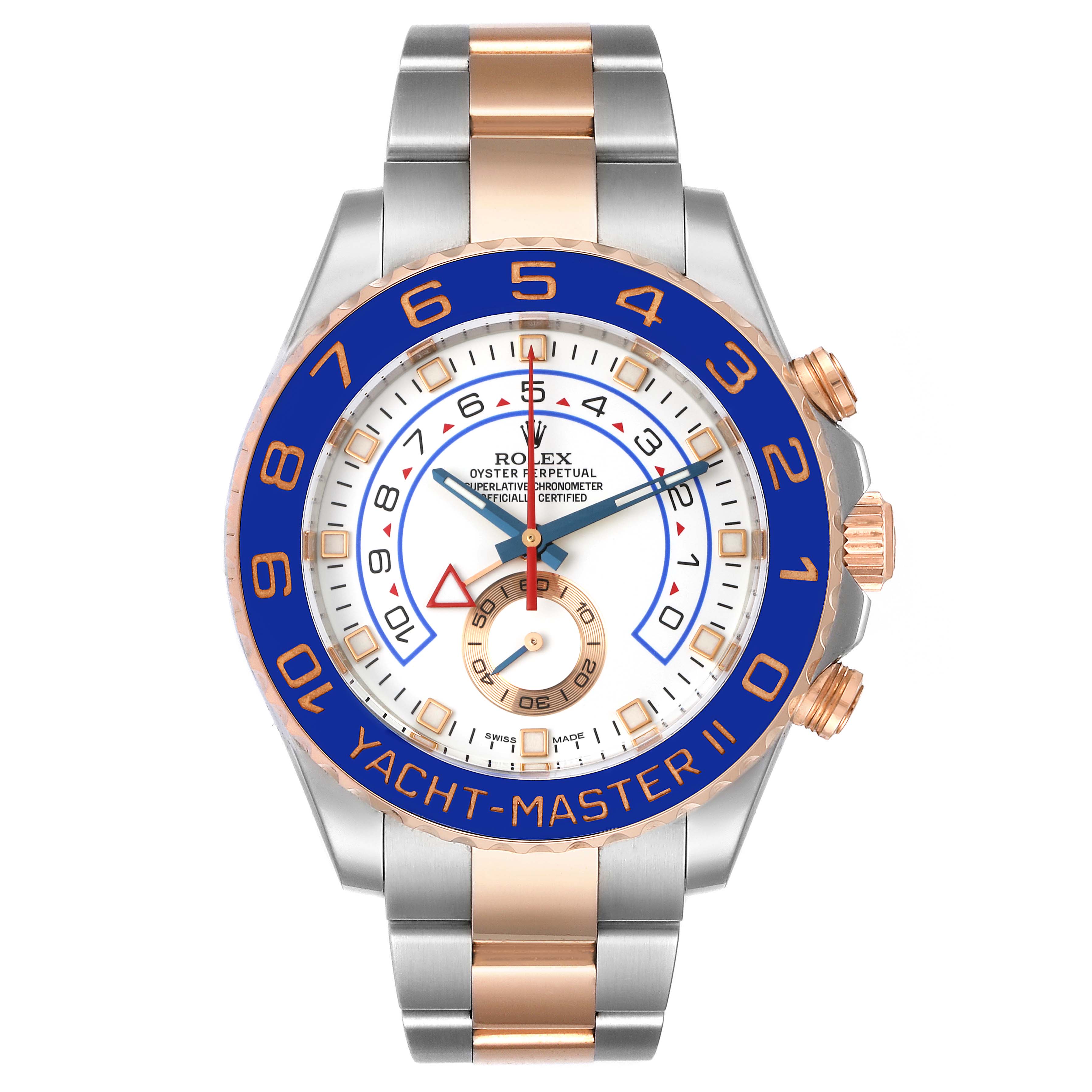 The image shows a frontal view of the Rolex Yacht-Master 116681 Men's Steel and Gold (two tone) White Dial 116681 Men's Steel and Gold (two tone) White Dial II watch, highlighting its face, bezel, and bracelet.