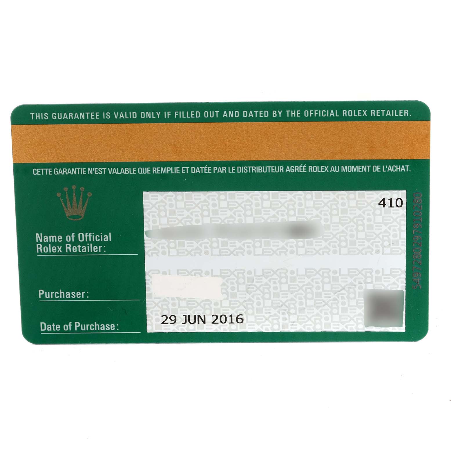 This is a guarantee card for the Rolex Yacht-Master 116681 Men's Steel and Gold (two tone) White Dial 116681 Men's Steel and Gold (two tone) White Dial model, showing the date of purchase and retailer information.