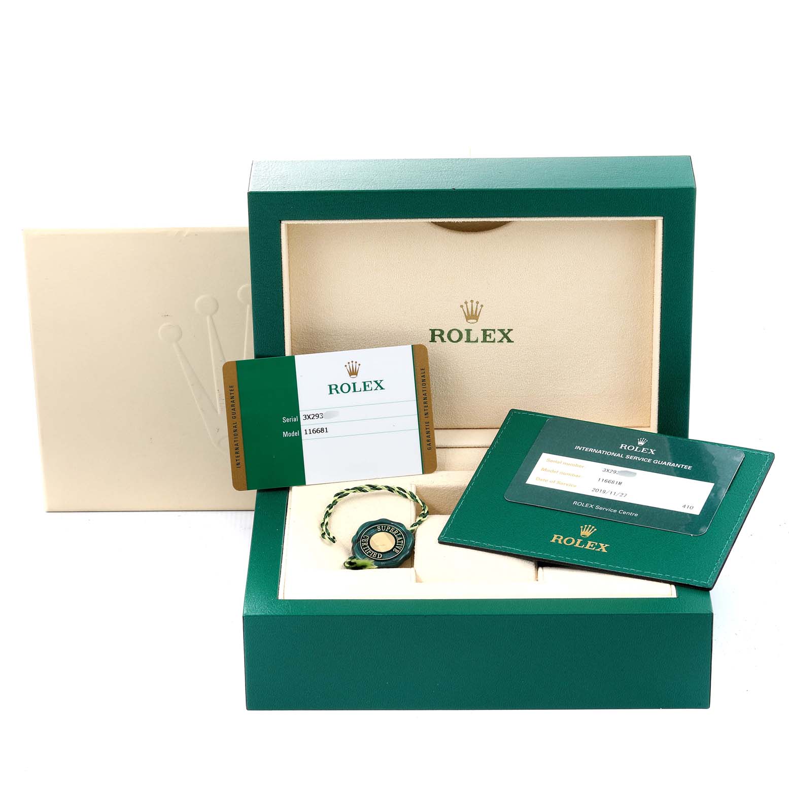 The image shows Rolex Yacht-Master 116681 Men's Steel and Gold (two tone) White Dial 116681 Men's Steel and Gold (two tone) White Dial packaging at a 45-degree angle, including international warranty cards, a tag, and an open box.