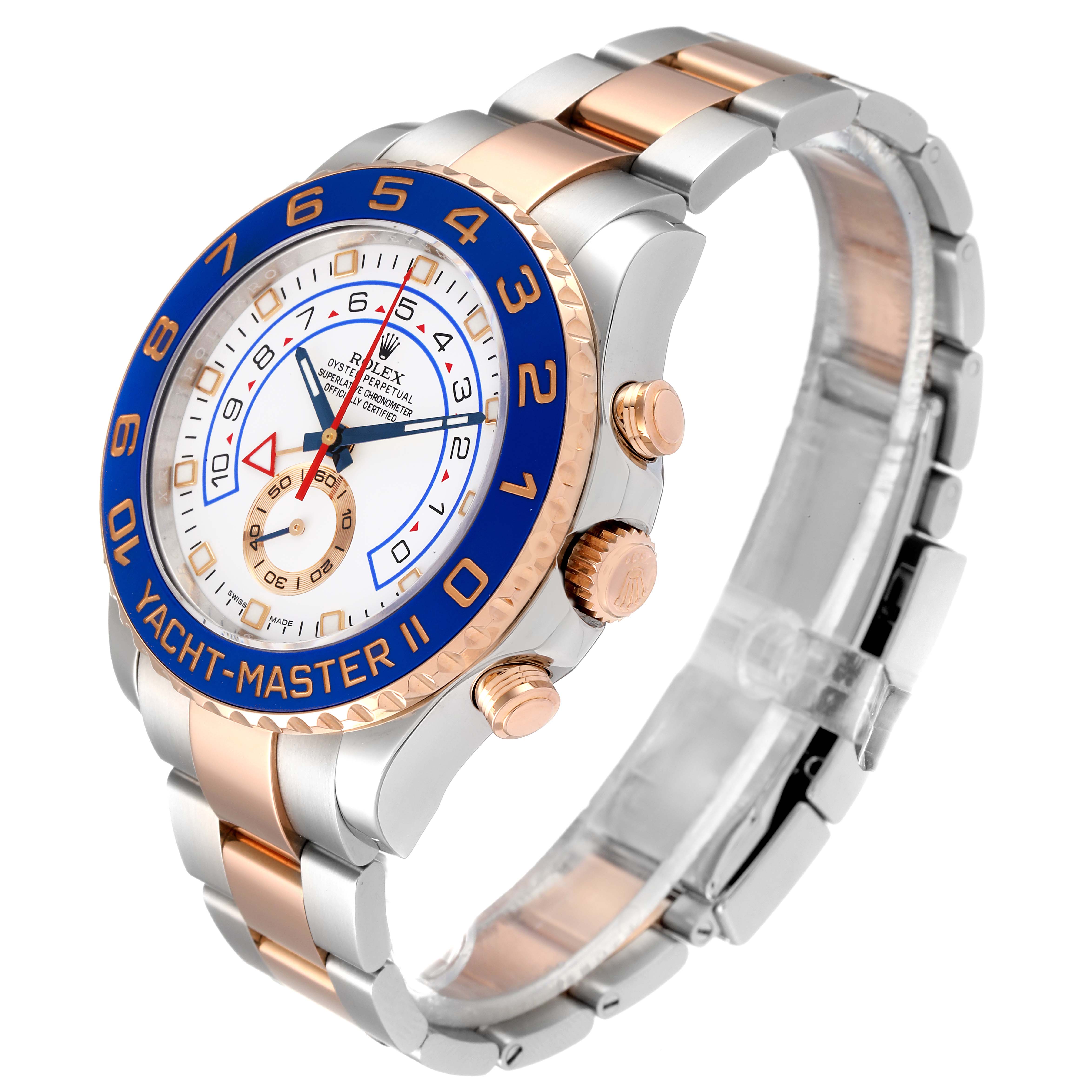 The image shows a side view of the Rolex Yacht-Master 116681 Men's Steel and Gold (two tone) White Dial 116681 Men's Steel and Gold (two tone) White Dial II watch, highlighting its blue bezel, dial, and two-tone bracelet.