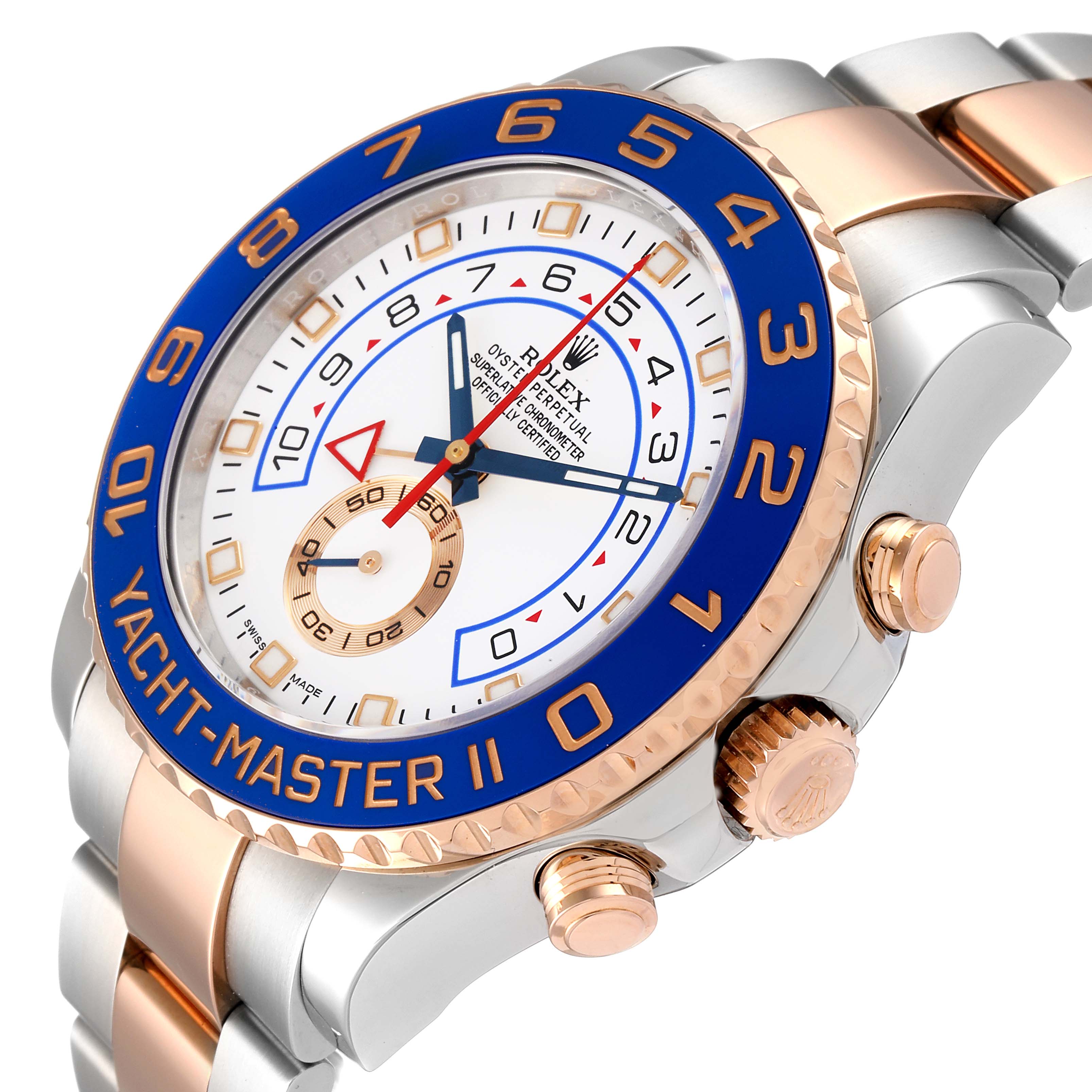 The image shows a close-up angle of a Rolex Yacht-Master 116681 Men's Steel and Gold (two tone) White Dial 116681 Men's Steel and Gold (two tone) White Dial watch, highlighting the dial, bezel, and side pushers.