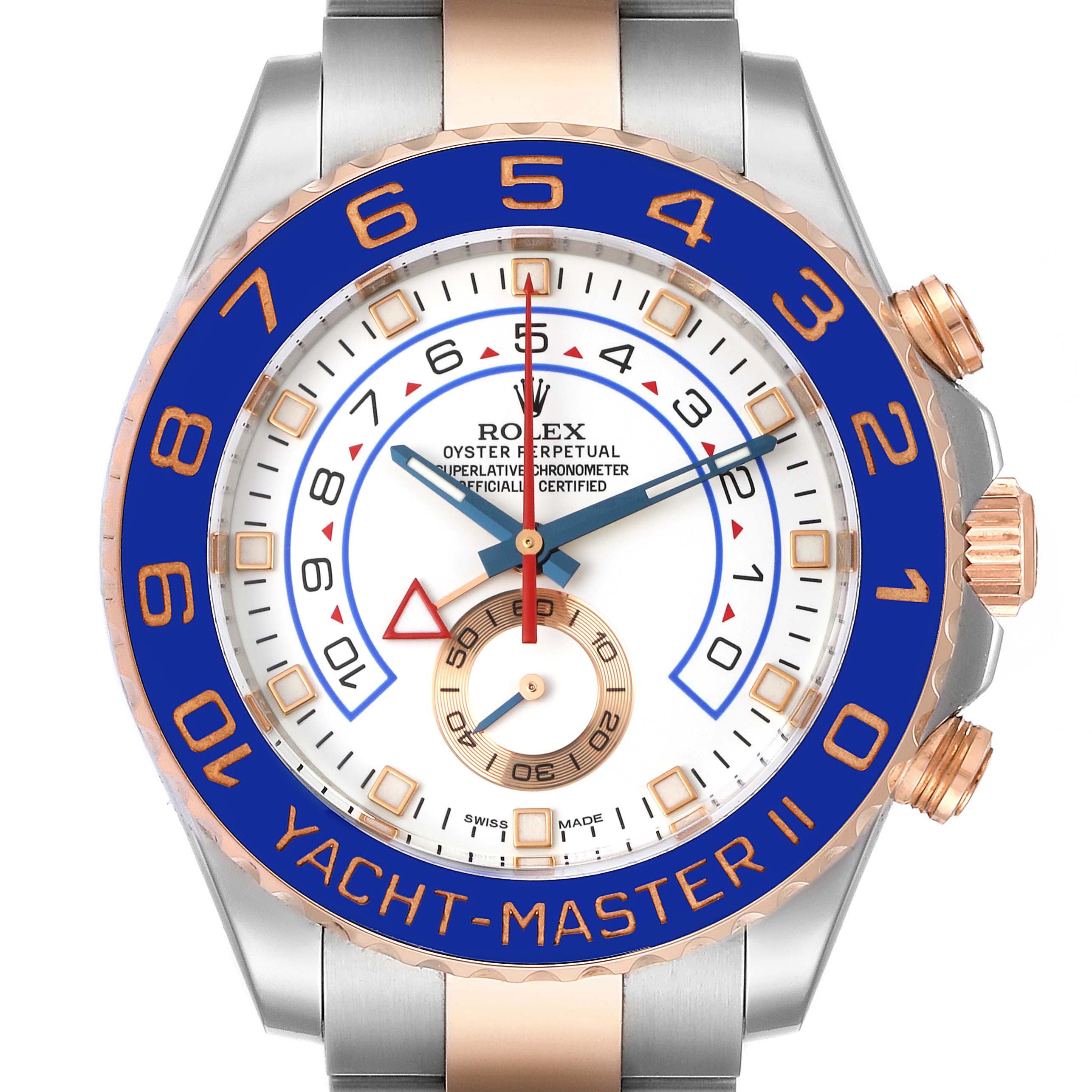 The image shows a front view of the Rolex Yacht-Master 116681 Men's Steel and Gold (two tone) White Dial 116681 Men's Steel and Gold (two tone) White Dial II watch, displaying its face, bezel, and side crown.