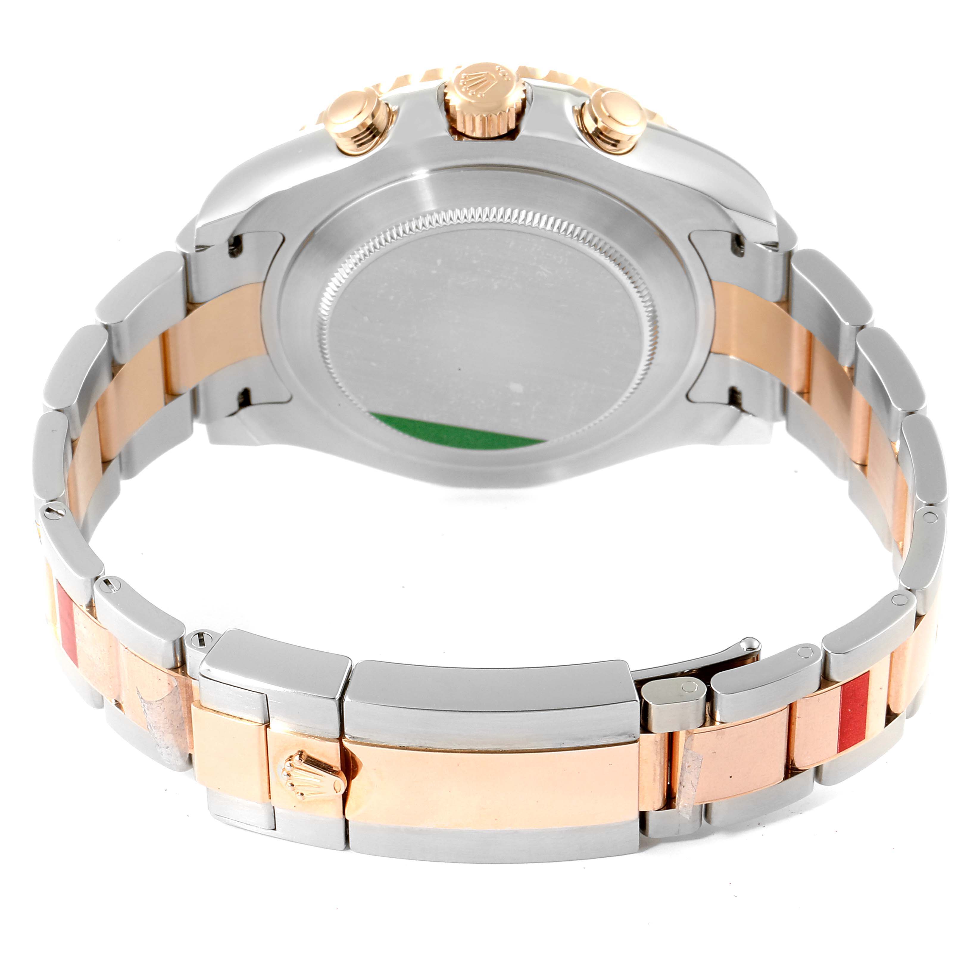 This image shows the back and clasp of a Rolex Yacht-Master 116681 Men's Steel and Gold (two tone) White Dial 116681 Men's Steel and Gold (two tone) White Dial watch, angled to display the bracelet and crown.