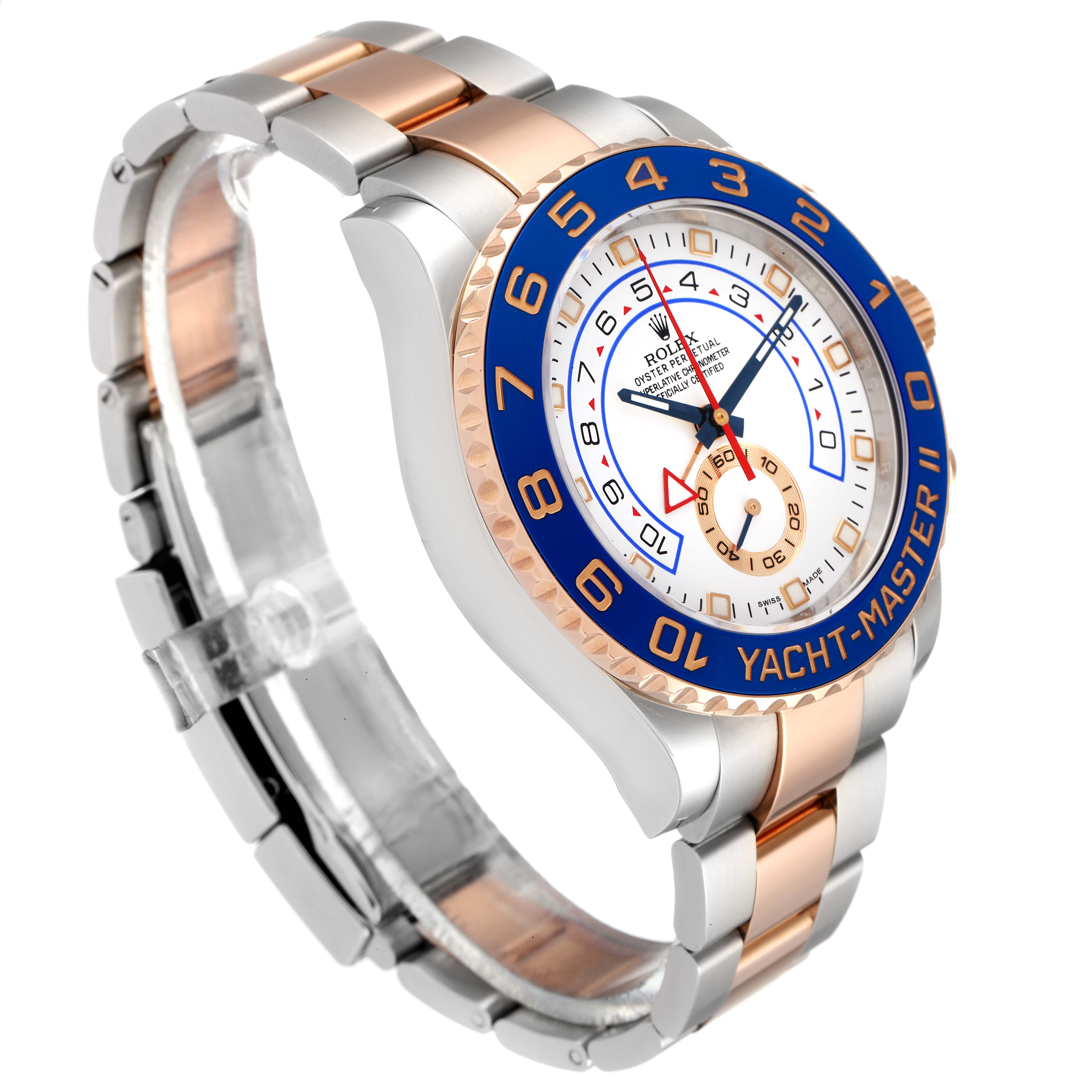 The Rolex Yacht-Master 116681 Men's Steel and Gold (two tone) White Dial 116681 Men's Steel and Gold (two tone) White Dial watch is shown at a right-front angle, displaying its bezel, dial, and two-tone bracelet.