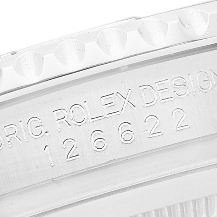 The image shows a close-up of the edge of the bezel and case number of a Rolex Yacht-Master 126622 Men
s Stainless Steel Blue Dial 126622 Men
s Stainless Steel Blue Dial watch.