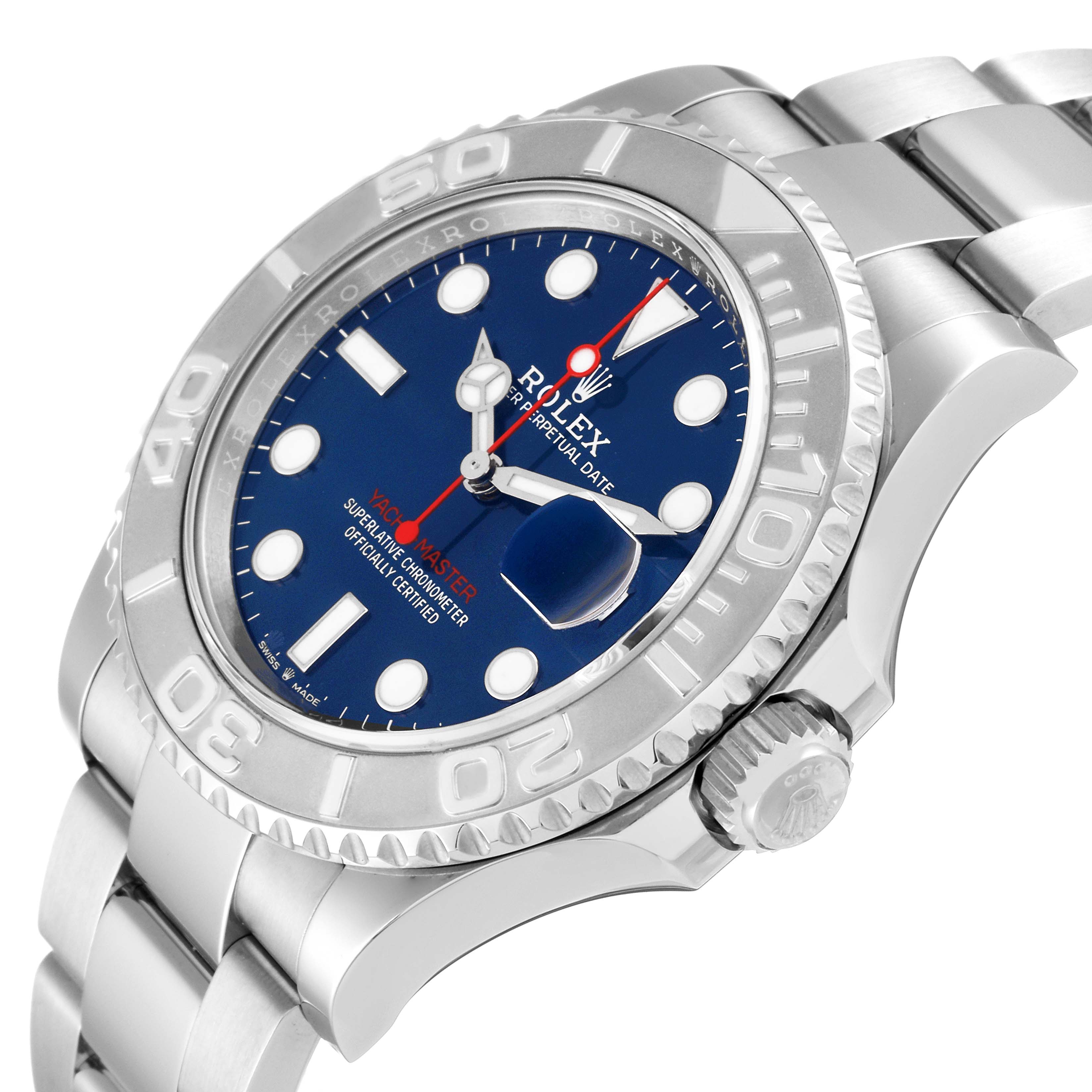 The Rolex Yacht-Master 126622 Men
s Stainless Steel Blue Dial 126622 Men
s Stainless Steel Blue Dial watch is shown from a three-quarter view, highlighting the bezel, dial, case, and bracelet.