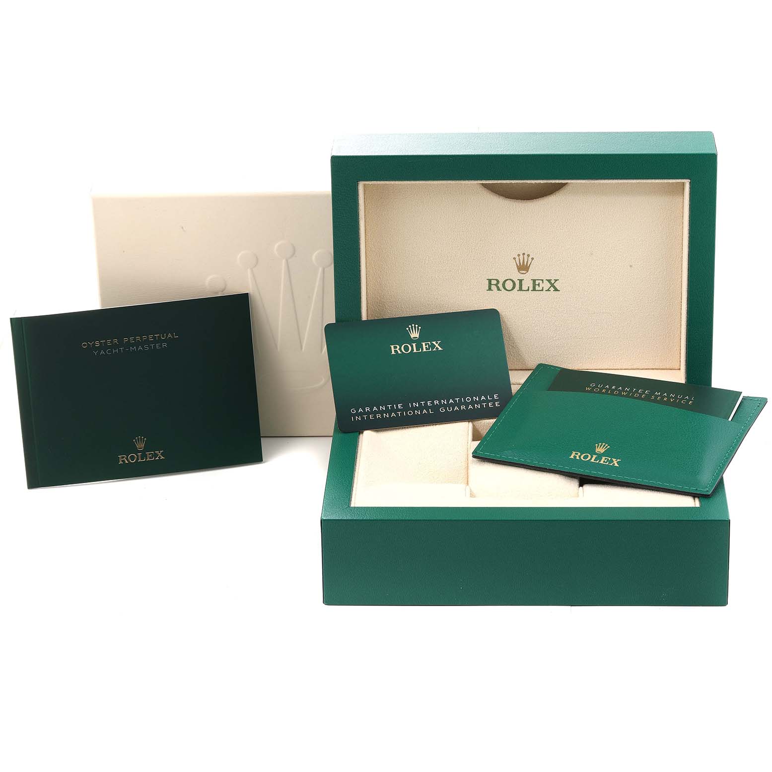 The image shows the box and documentation for a Rolex Yacht-Master 126622 Men
s Stainless Steel Blue Dial 126622 Men
s Stainless Steel Blue Dial watch.