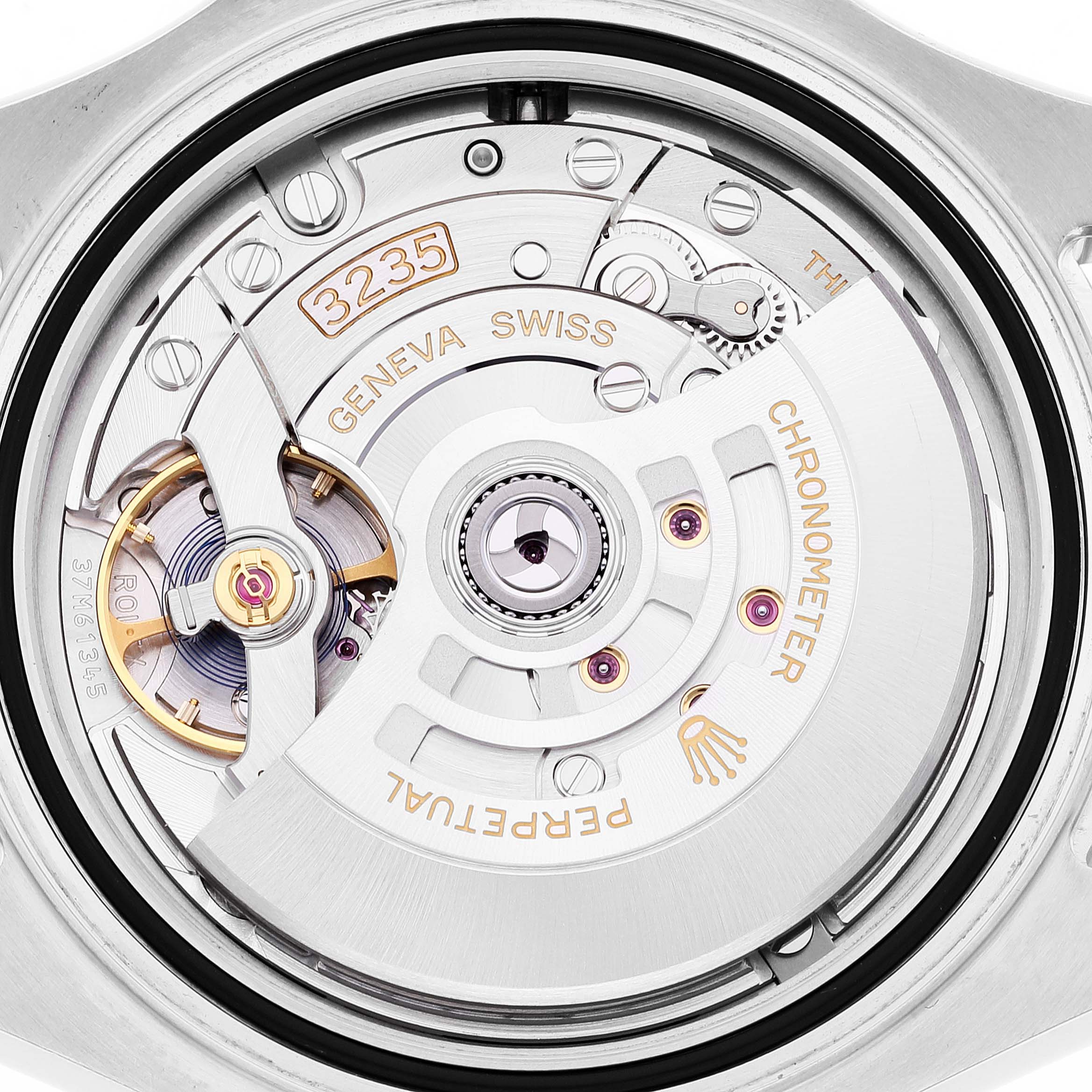 The image shows the internal mechanism of the Rolex Yacht-Master 126622 Men
s Stainless Steel Blue Dial 126622 Men
s Stainless Steel Blue Dial watch, focusing on the movement and rotor.