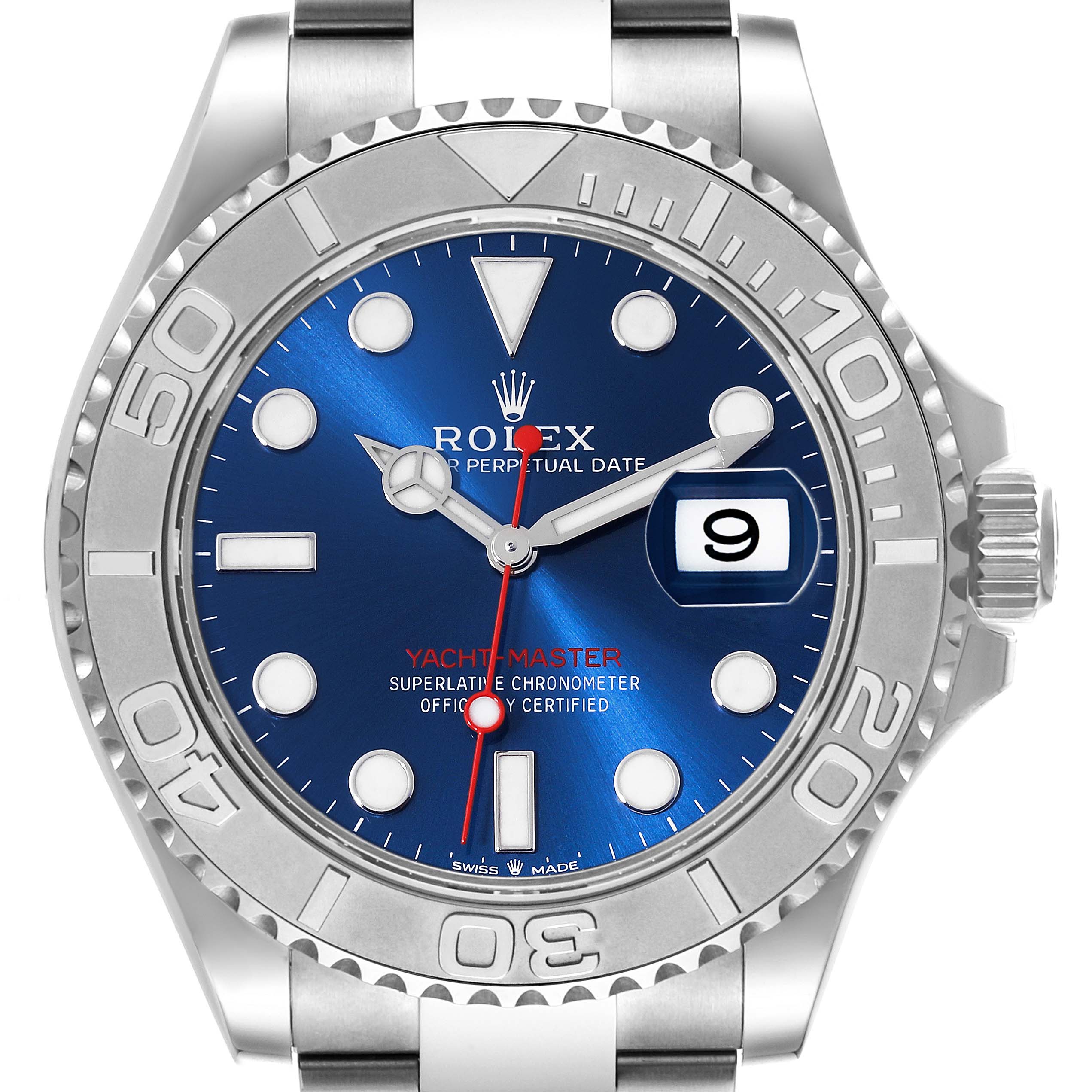 This image shows a front view of the Rolex Yacht-Master 126622 Men
s Stainless Steel Blue Dial 126622 Men
s Stainless Steel Blue Dial watch displaying the dial, bezel, and part of the bracelet.