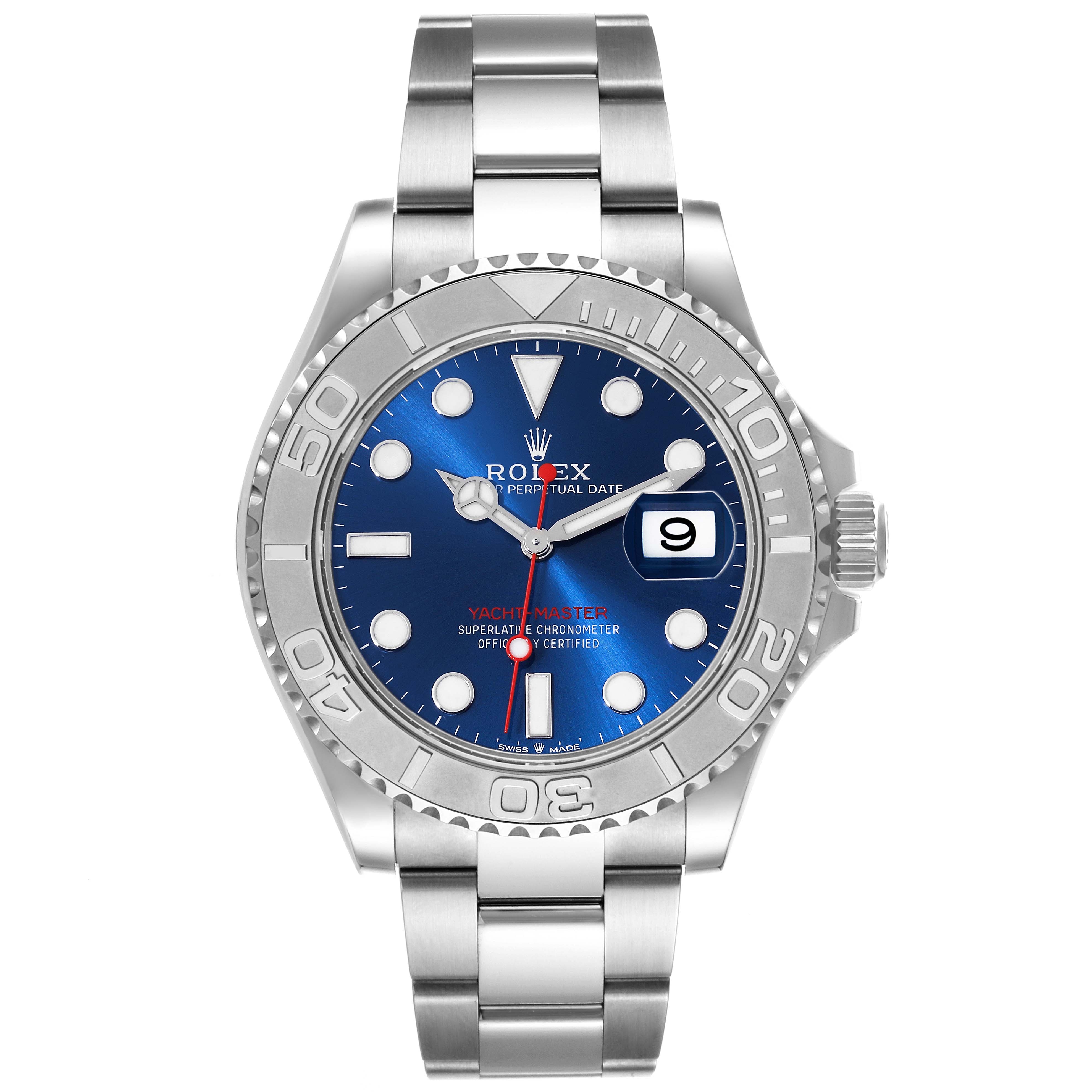 This Rolex Yacht-Master 126622 Men
s Stainless Steel Blue Dial 126622 Men
s Stainless Steel Blue Dial watch is shown from the front, displaying its blue dial, date window, markers, and stainless steel bracelet.