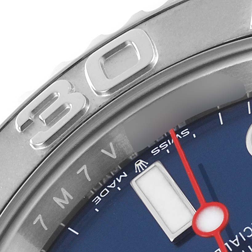 The image shows a close-up of the bezel and part of the dial of a Rolex Yacht-Master 126622 Men
s Stainless Steel Blue Dial 126622 Men
s Stainless Steel Blue Dial watch, focusing on the 30-minute marker.