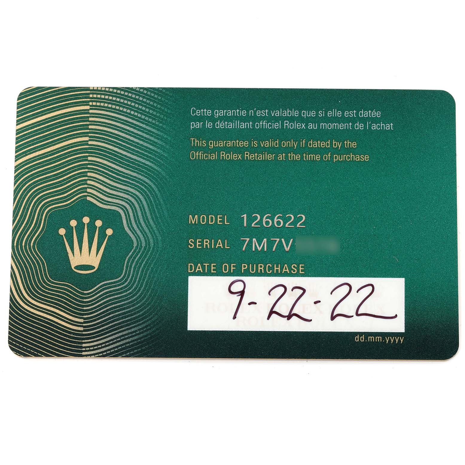 The image shows a warranty card for a Rolex Yacht-Master 126622 Men
s Stainless Steel Blue Dial 126622 Men
s Stainless Steel Blue Dial model 126622, with purchase details.