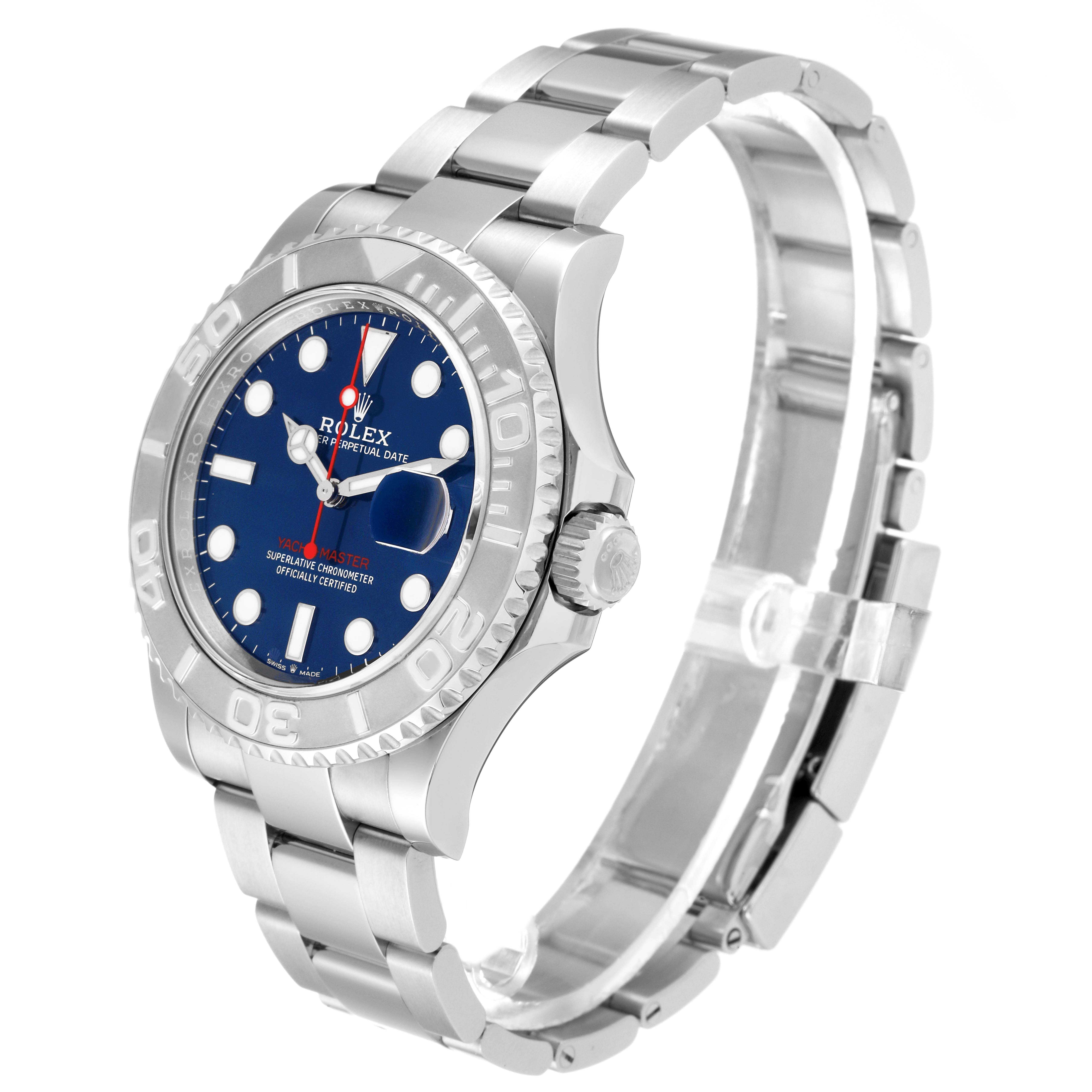This image shows a side view of the Rolex Yacht-Master 126622 Men
s Stainless Steel Blue Dial 126622 Men
s Stainless Steel Blue Dial watch, including the watch face, bezel, crown, and bracelet.