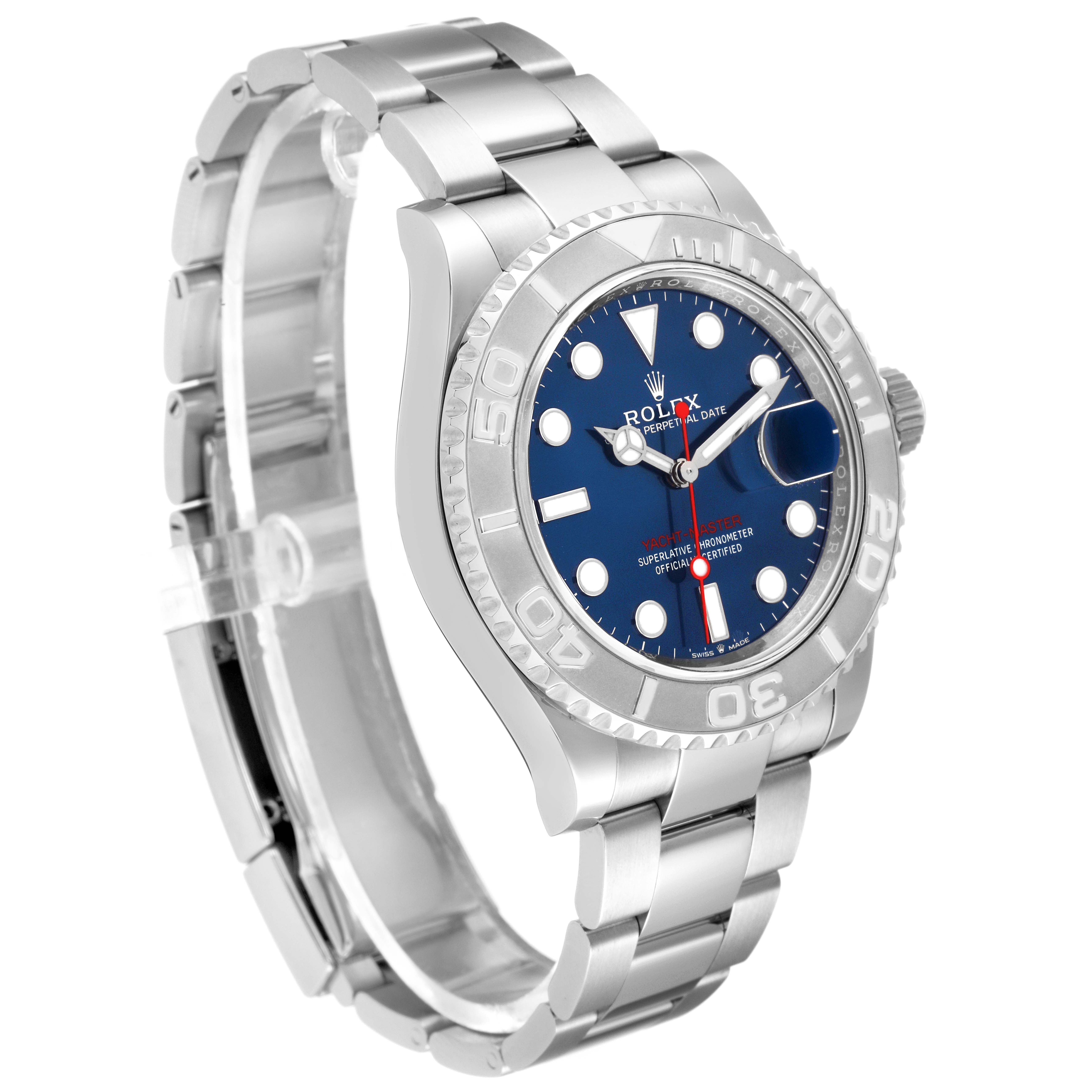 The Rolex Yacht-Master 126622 Men
s Stainless Steel Blue Dial 126622 Men
s Stainless Steel Blue Dial watch is displayed at an angled side view, showing the bracelet, dial, bezel, case, and crown.
