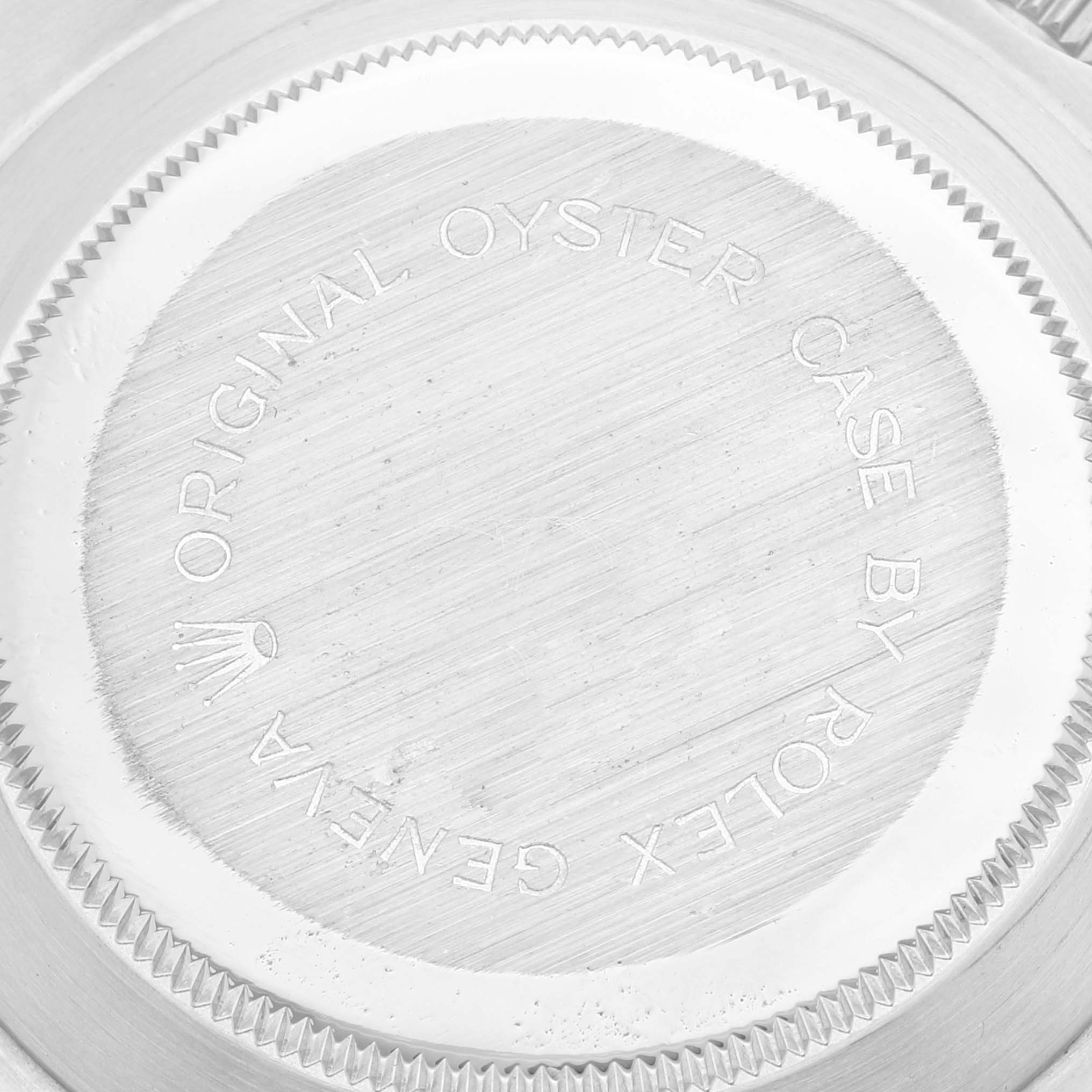 This image shows the back case of a Tudor Prince 79160 Men's Stainless Steel Silver Dial 79160 Men's Stainless Steel Silver Dial model watch, featuring the inscription "Original Oyster Case by Rolex Geneva."