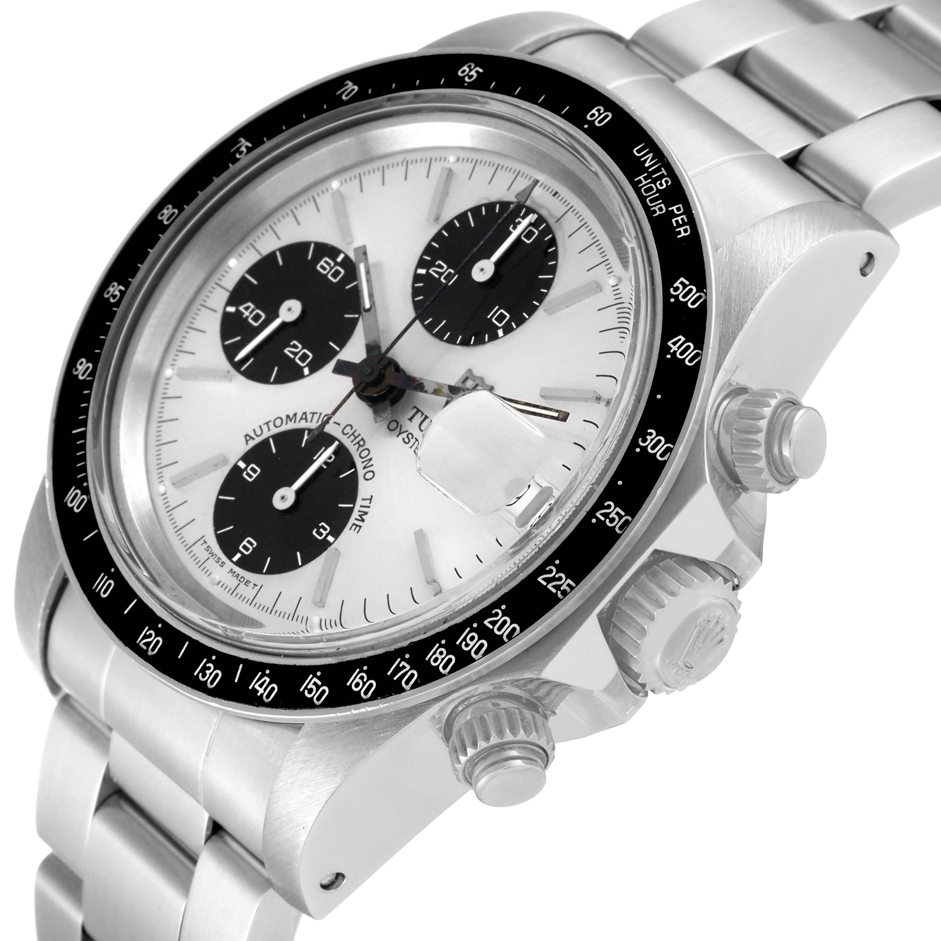 The Tudor Prince 79160 Men's Stainless Steel Silver Dial 79160 Men's Stainless Steel Silver Dial model watch is shown at an angle highlighting the face, bezel, pushers, crown, and part of the bracelet.