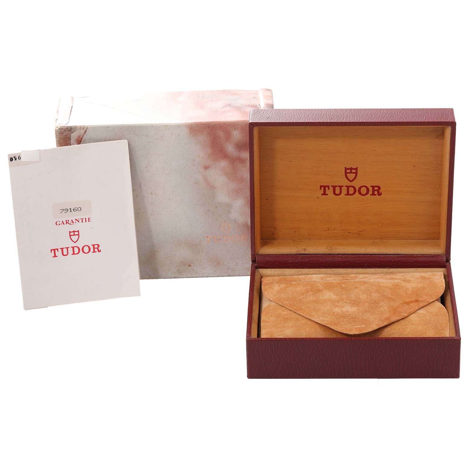 The image shows the Tudor Prince 79160 Men's Stainless Steel Silver Dial 79160 Men's Stainless Steel Silver Dial model's watch box, outer box, and guarantee booklet.