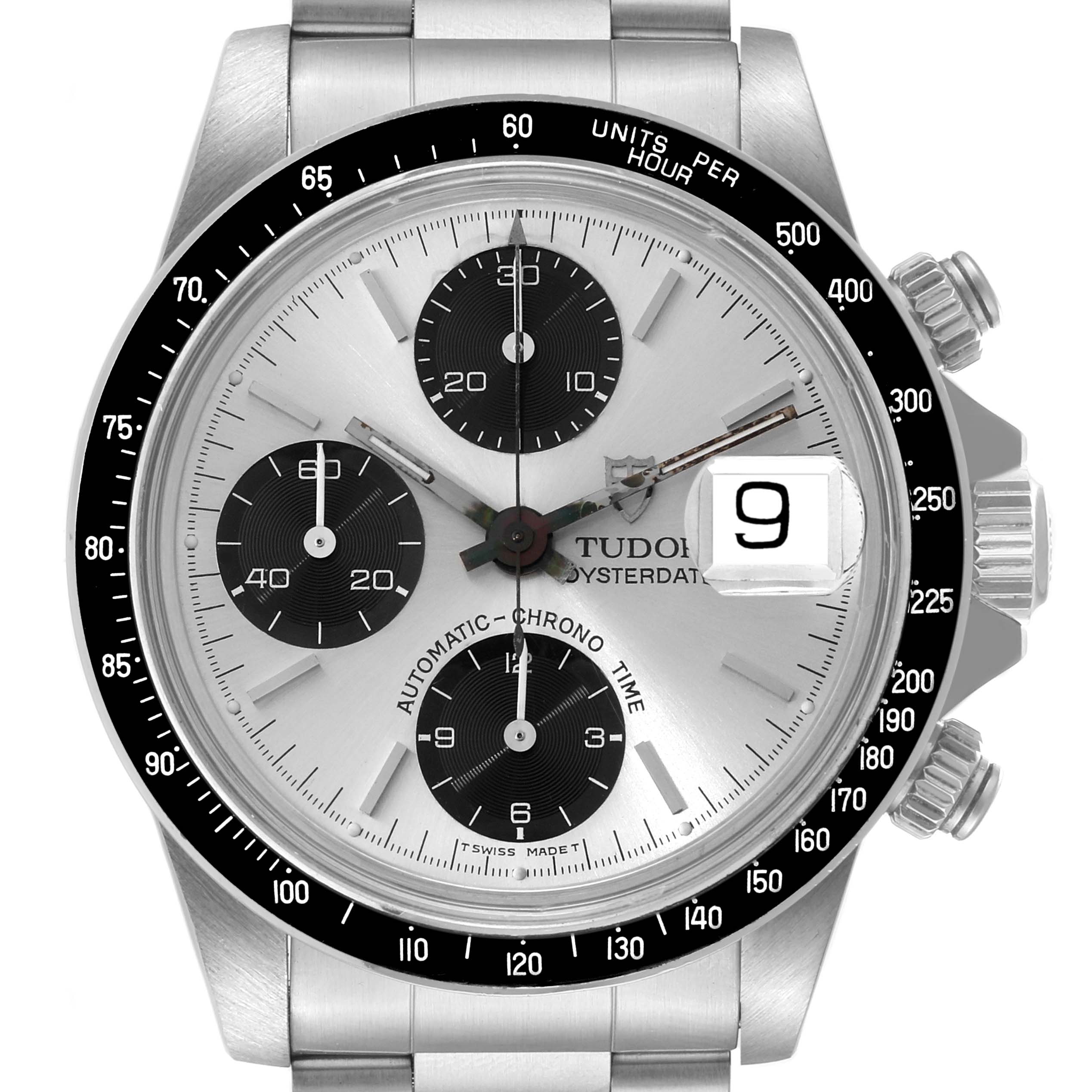 The image shows a front view of the Tudor Prince 79160 Men's Stainless Steel Silver Dial 79160 Men's Stainless Steel Silver Dial watch model, displaying the dial, chronograph subdials, date window, and bezel.