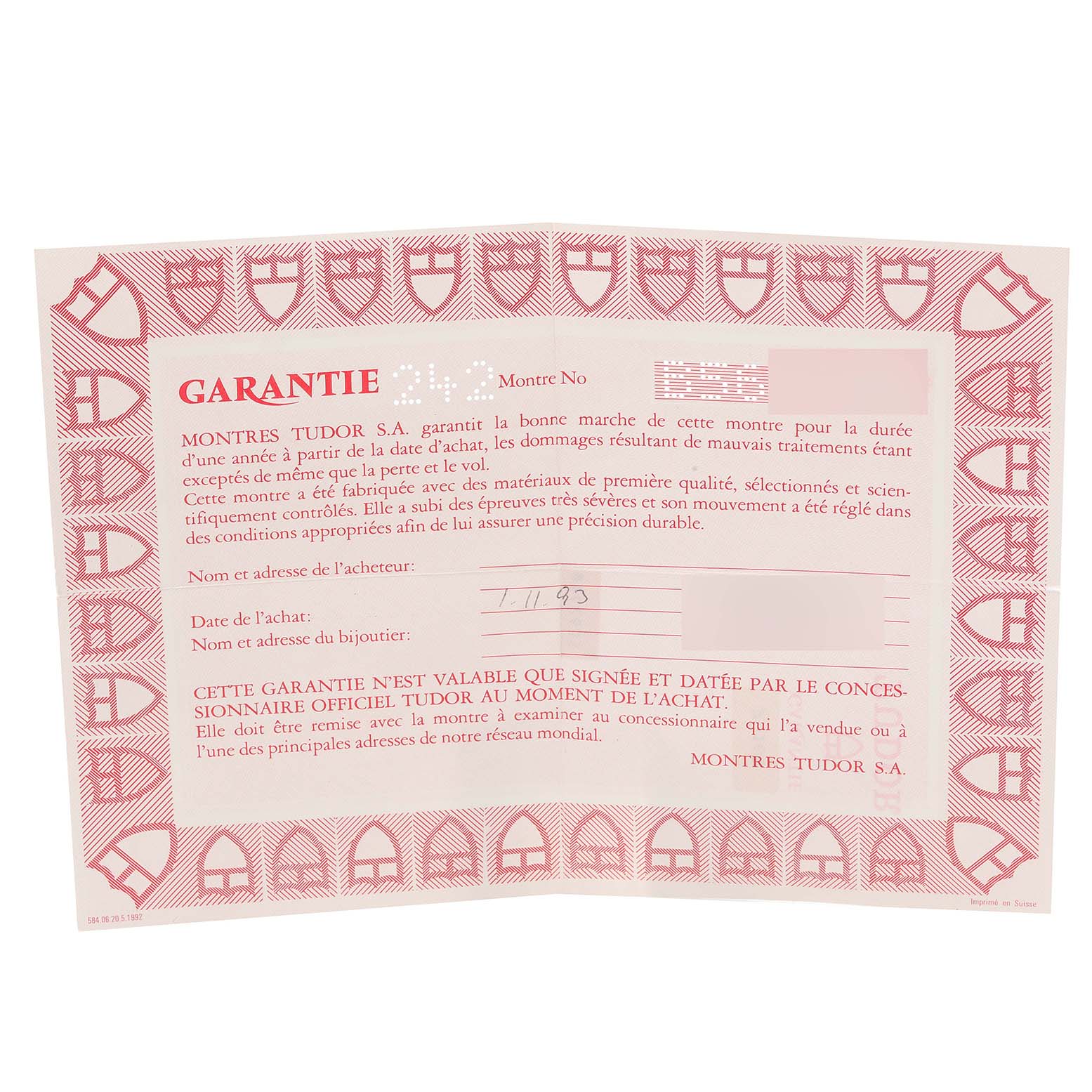 This image shows the warranty card for the Tudor Prince 79160 Men's Stainless Steel Silver Dial 79160 Men's Stainless Steel Silver Dial model watch.