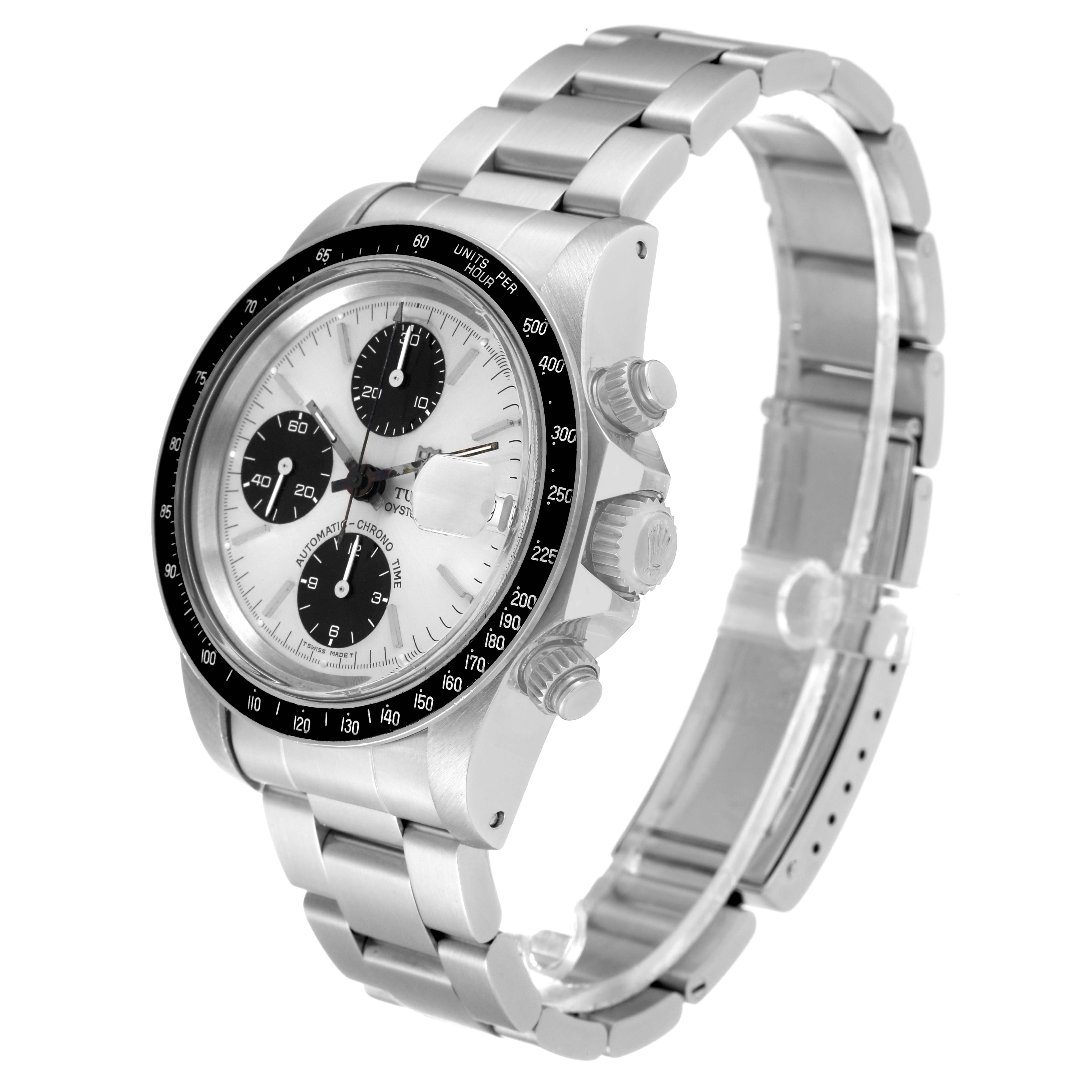 The Tudor Prince 79160 Men's Stainless Steel Silver Dial 79160 Men's Stainless Steel Silver Dial model watch is shown at a three-quarter angle, highlighting the dial, bezel, pushers, crown, and bracelet.