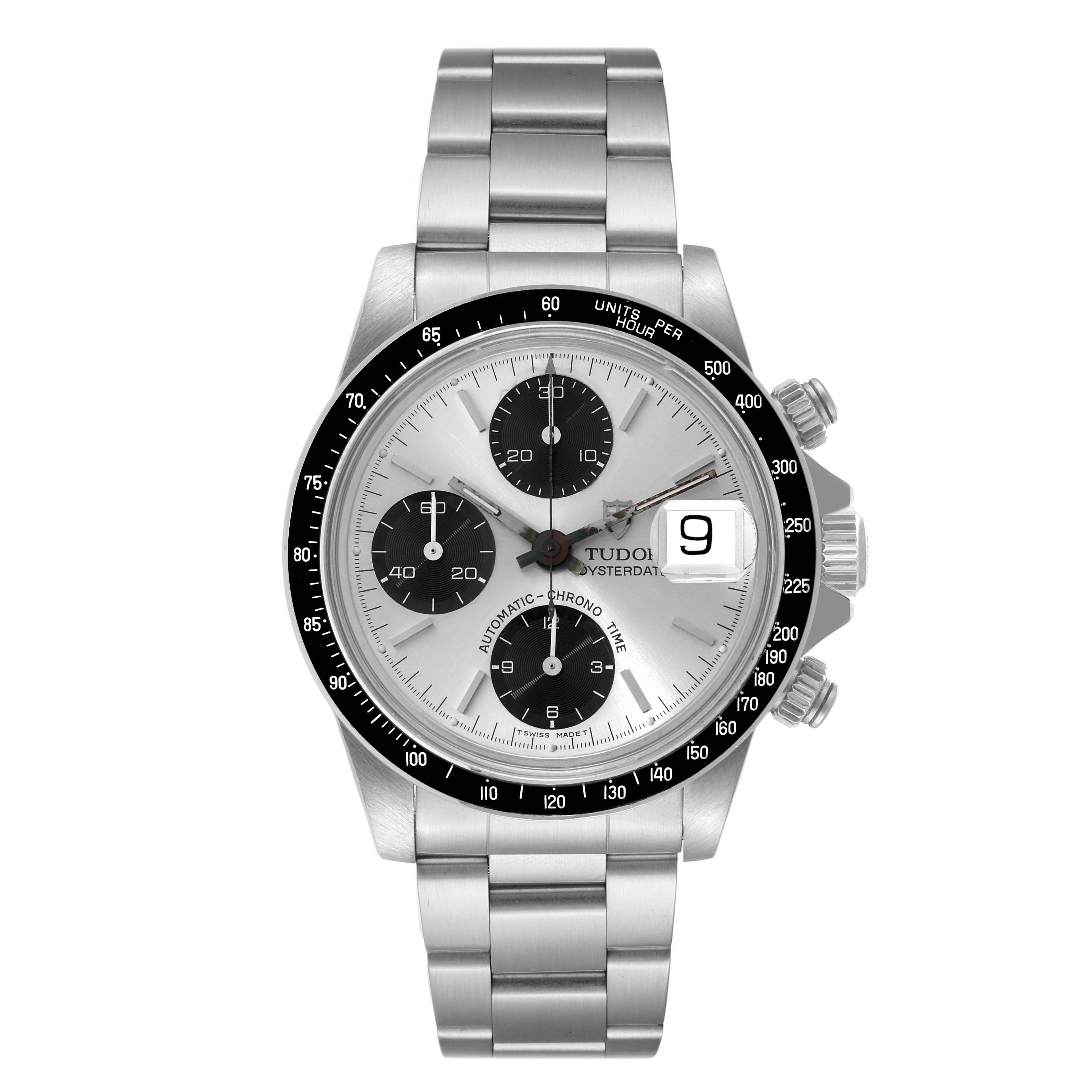 The image shows a front view of a Tudor Prince 79160 Men's Stainless Steel Silver Dial 79160 Men's Stainless Steel Silver Dial model watch, displaying the dial, bezel, chronograph, and bracelet.