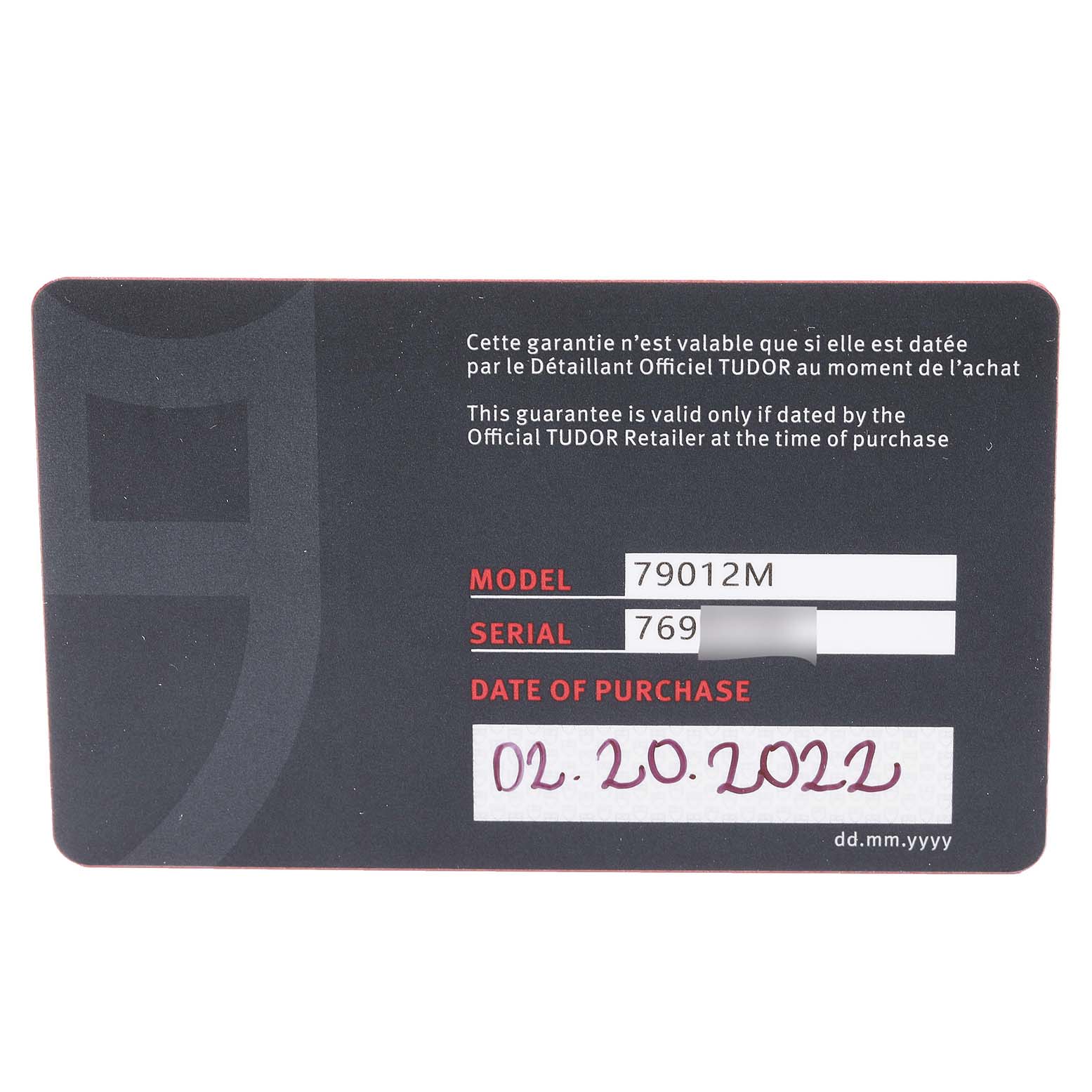 This image shows a guarantee card for the Tudor Heritage Black Bay 79012 Men's Bronze Brown Dial 79012 Men's Bronze Brown Dial model 79012M.