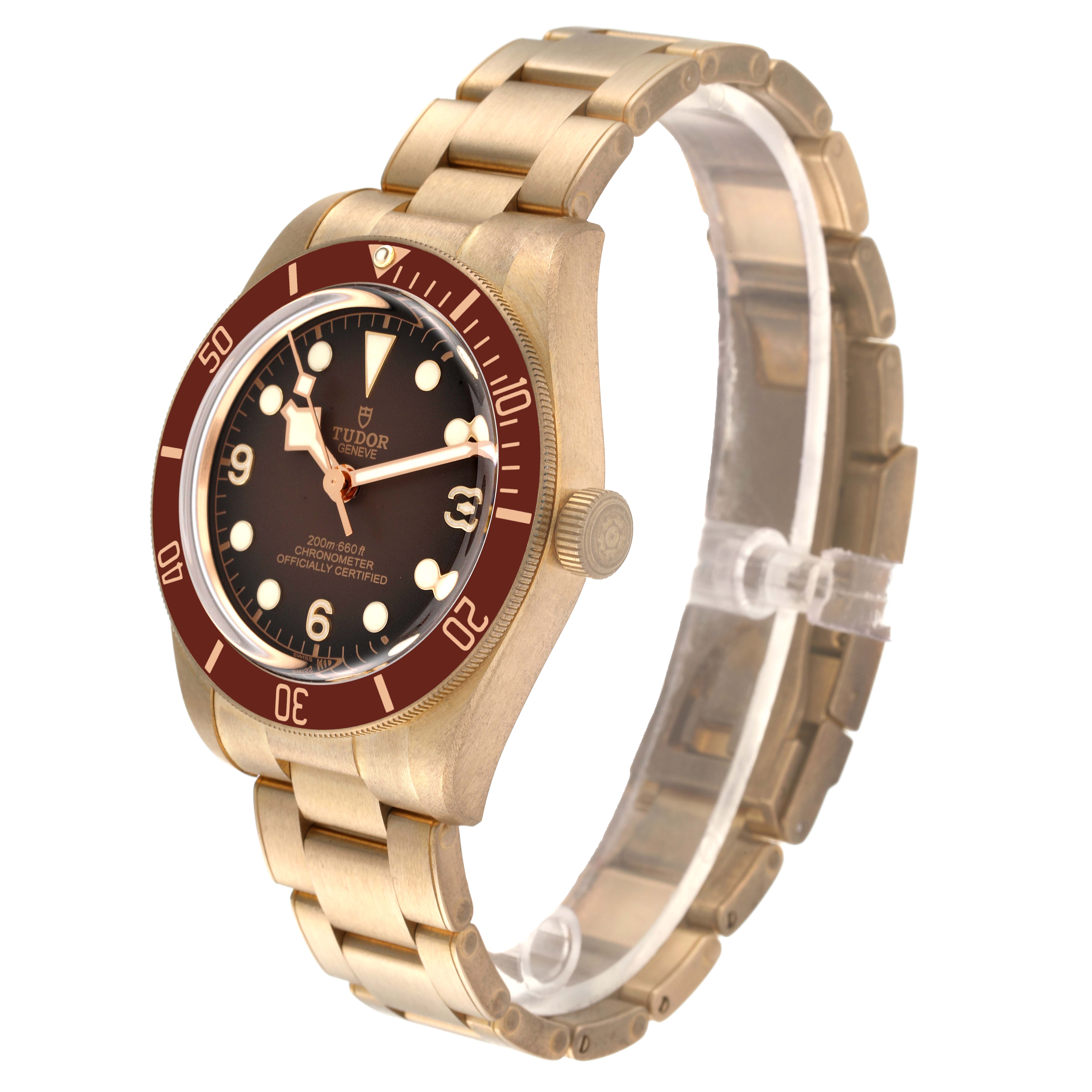 The Tudor Heritage Black Bay 79012 Men's Bronze Brown Dial 79012 Men's Bronze Brown Dial watch is shown at an angled side view, highlighting the bezel, dial, and bracelet.
