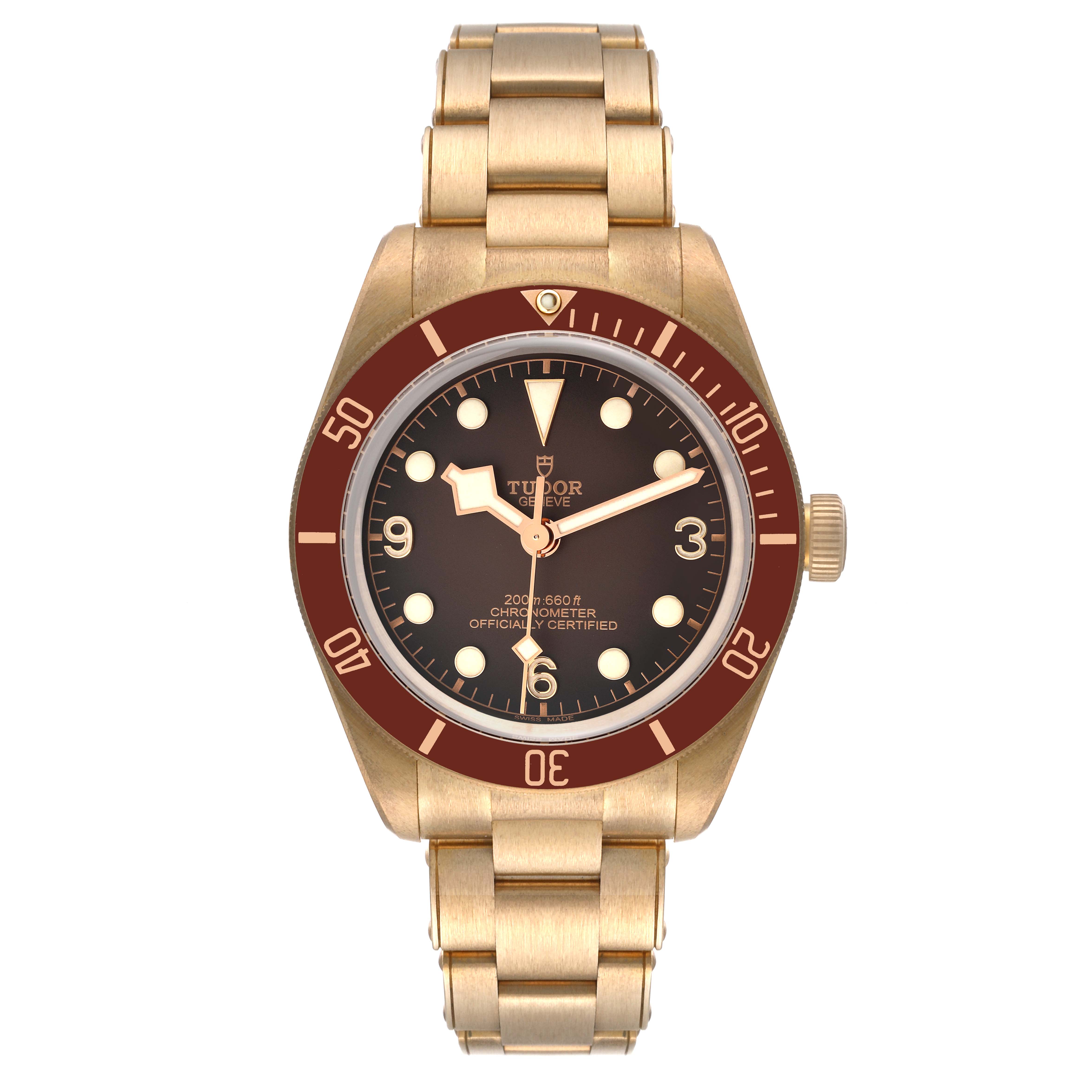 The image shows a front view of a Tudor Heritage Black Bay 79012 Men's Bronze Brown Dial 79012 Men's Bronze Brown Dial watch with a brown bezel and gold bracelet.