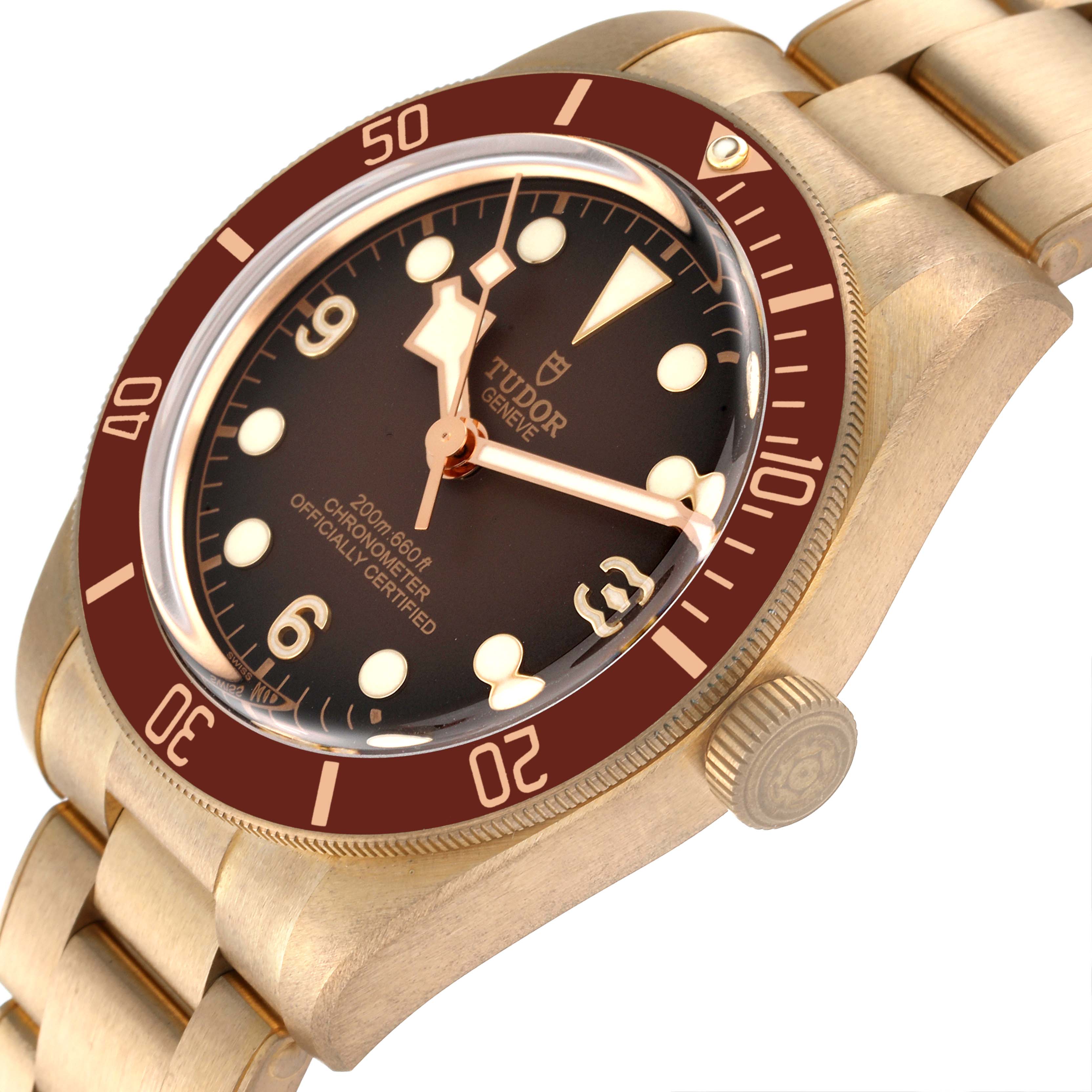 The image shows a close-up of the Tudor Heritage Black Bay 79012 Men's Bronze Brown Dial 79012 Men's Bronze Brown Dial watch, focusing on the face, bezel, and part of the bracelet.