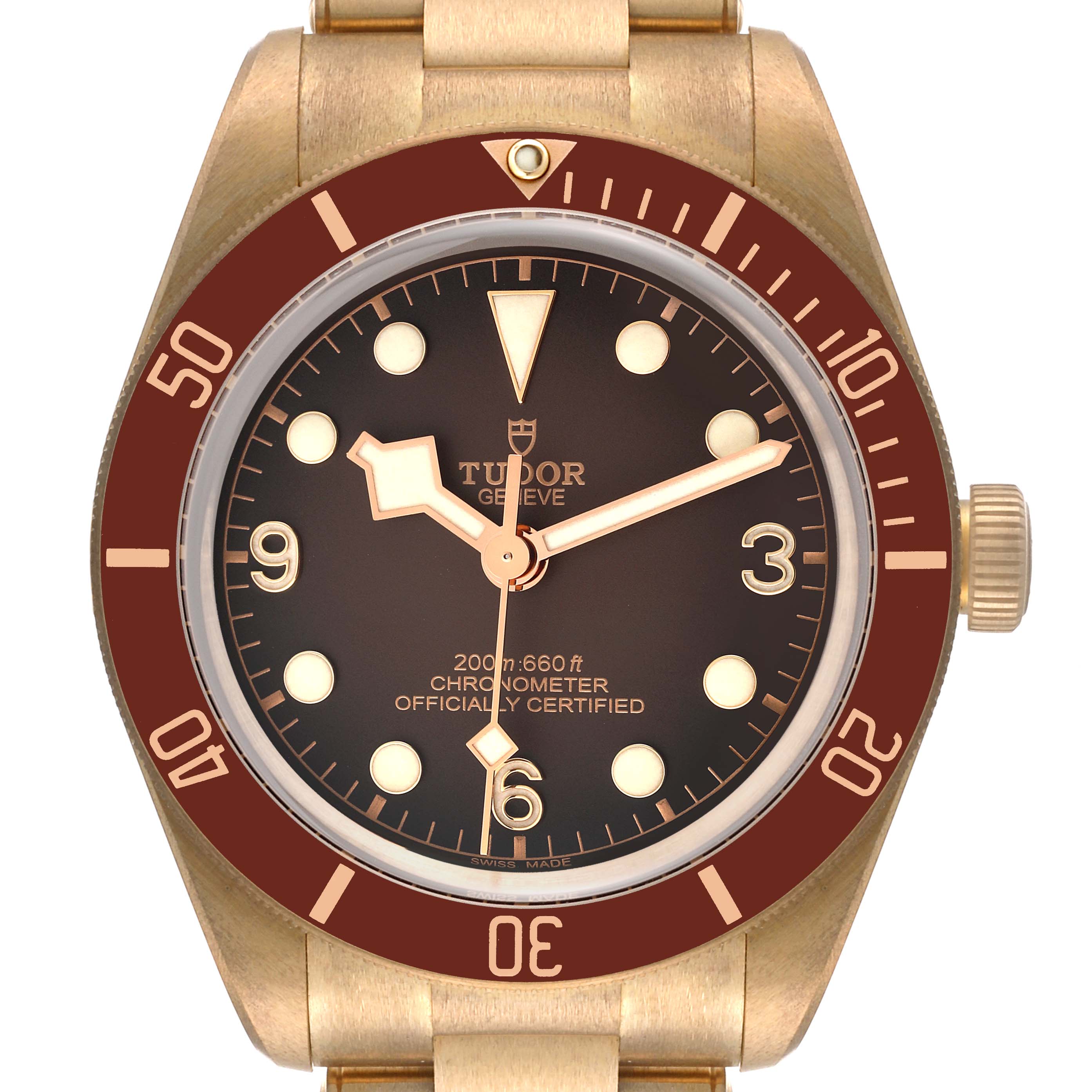 The Tudor Heritage Black Bay 79012 Men's Bronze Brown Dial 79012 Men's Bronze Brown Dial watch is shown in a front-facing angle, highlighting its dial, bezel, and part of the bracelet.