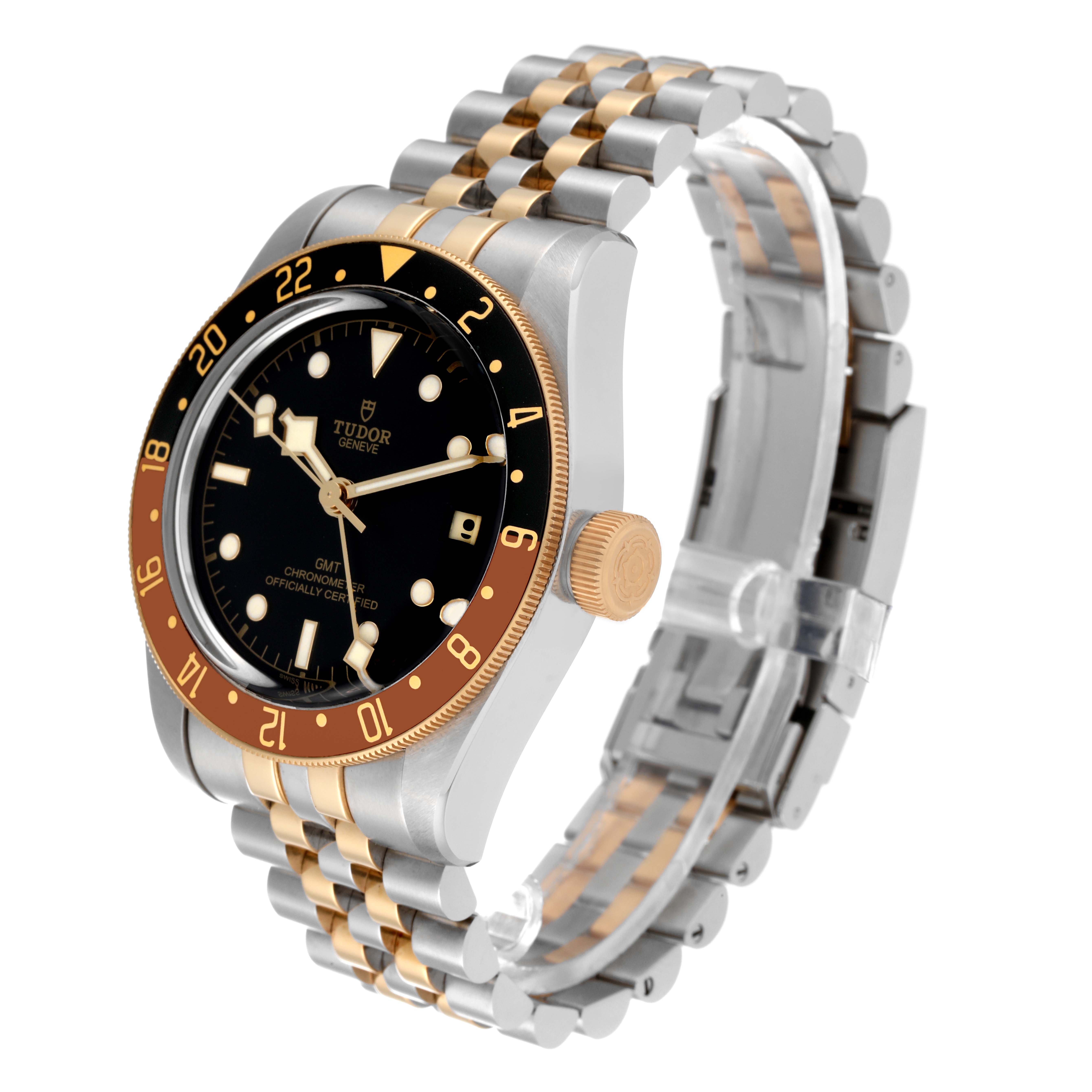 The image shows a Tudor Heritage Black Bay 79833MN Men
s Stainless Steel Black Dial 79833MN Men
s Stainless Steel Black Dial watch at a three-quarter angle, highlighting the face, dial, crown, and bracelet.