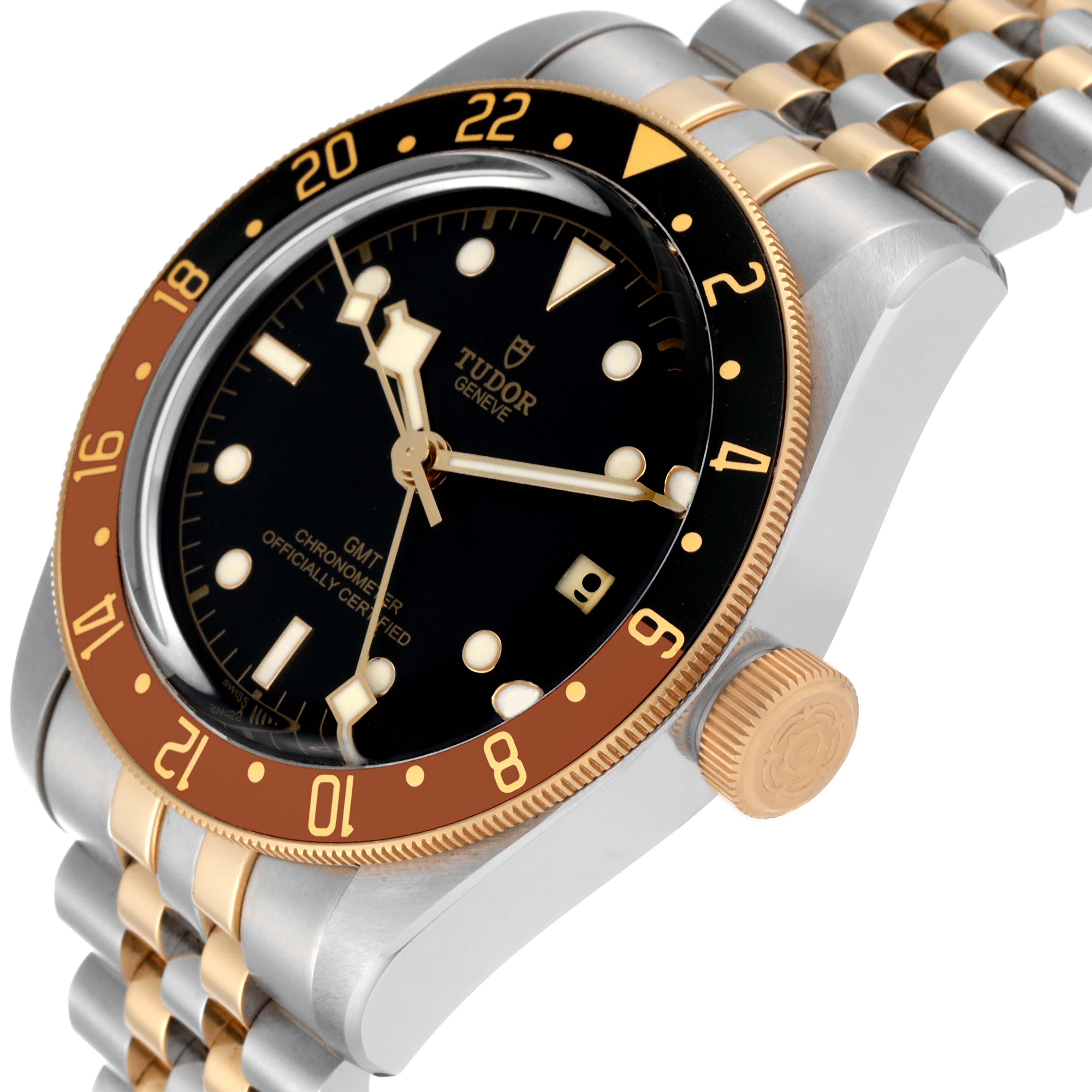The Tudor Heritage Black Bay 79833MN Men
s Stainless Steel Black Dial 79833MN Men
s Stainless Steel Black Dial watch is displayed at an angle showing its dial, bezel, crown, and part of the bracelet.