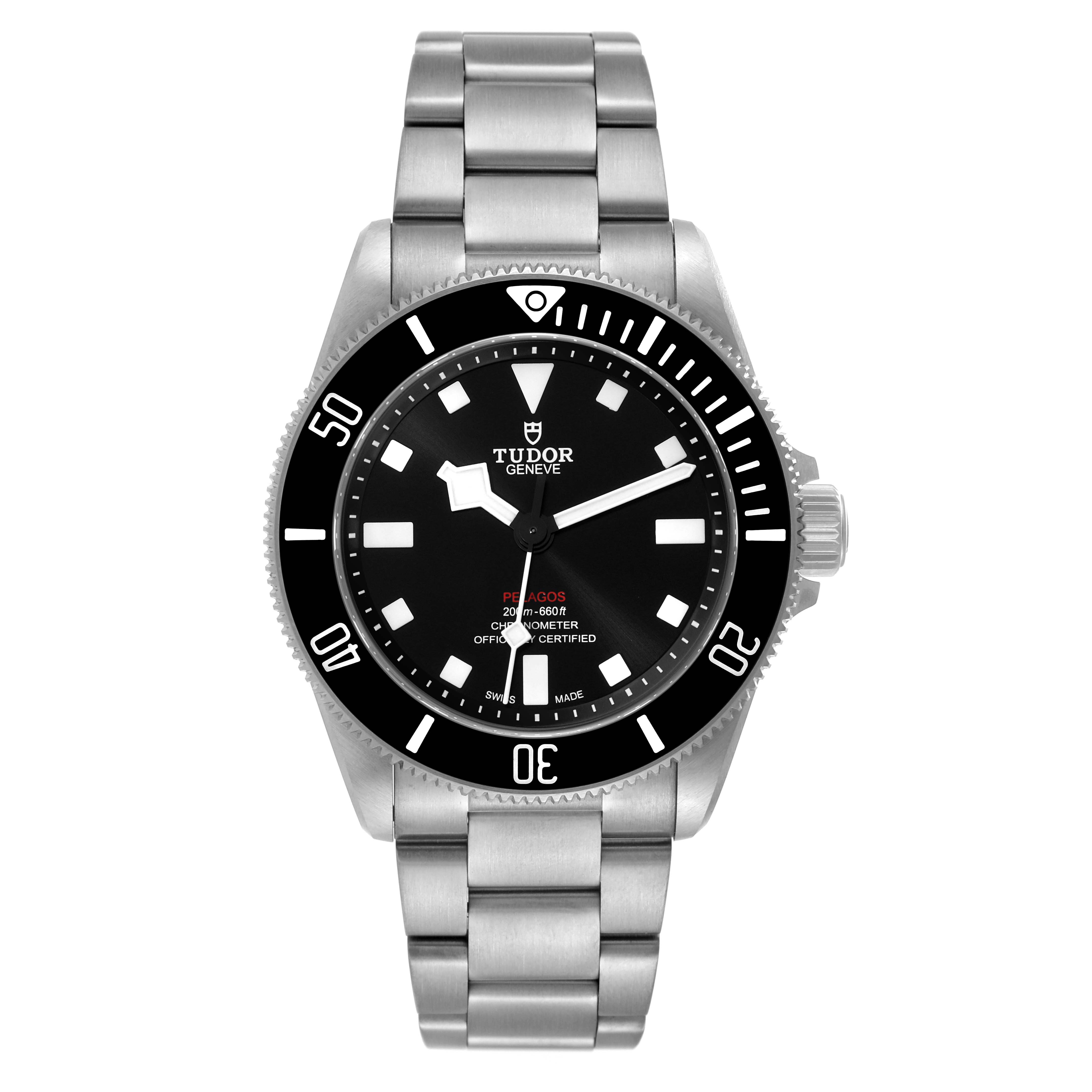 The image shows a frontal view of the Tudor Pelagos 25407N Men
s Titanium Black Dial 25407N Men
s Titanium Black Dial watch featuring the dial, bezel, and stainless steel bracelet.