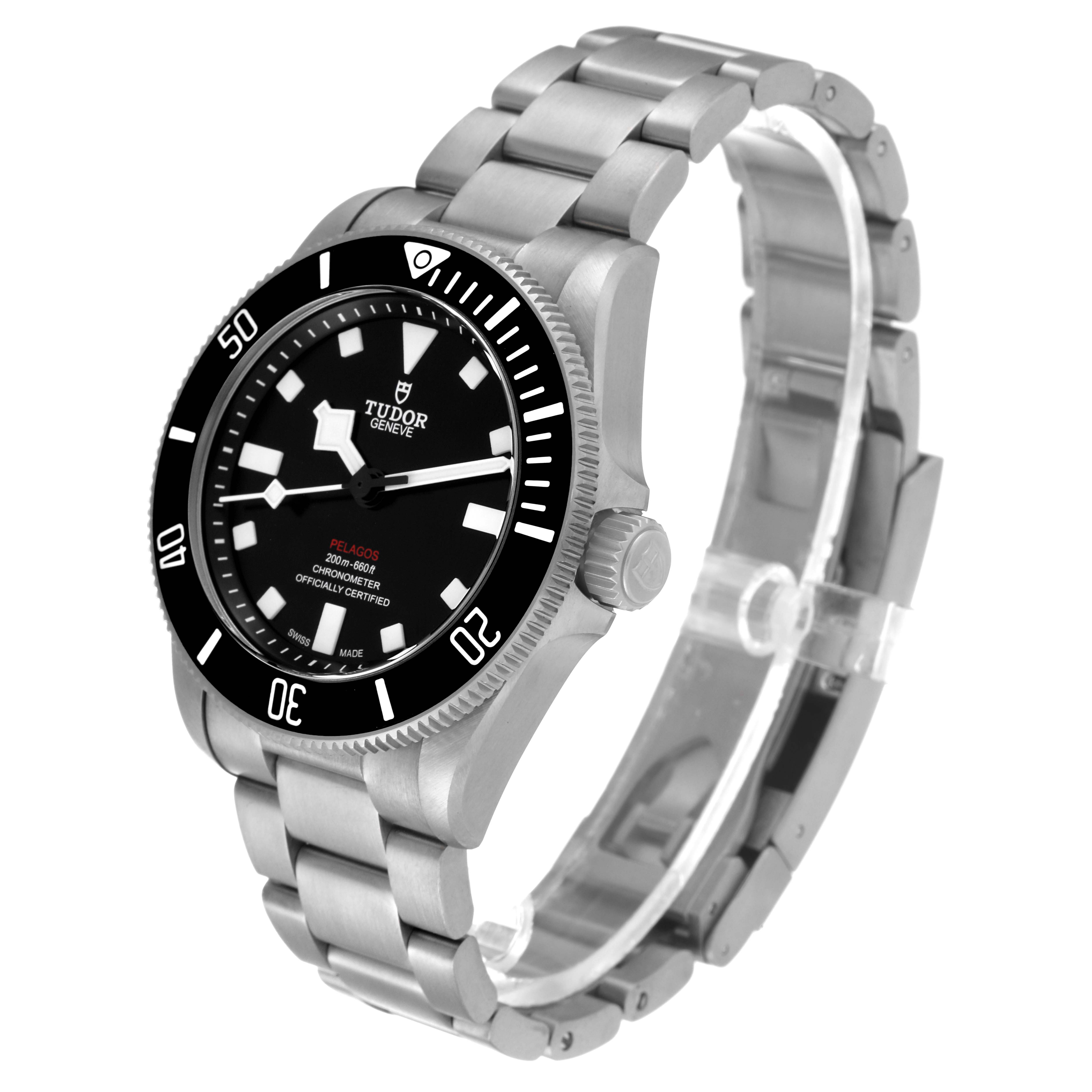 The image shows the Tudor Pelagos 25407N Men
s Titanium Black Dial 25407N Men
s Titanium Black Dial model watch from an angled side view, highlighting its dial, bezel, crown, and metal bracelet.