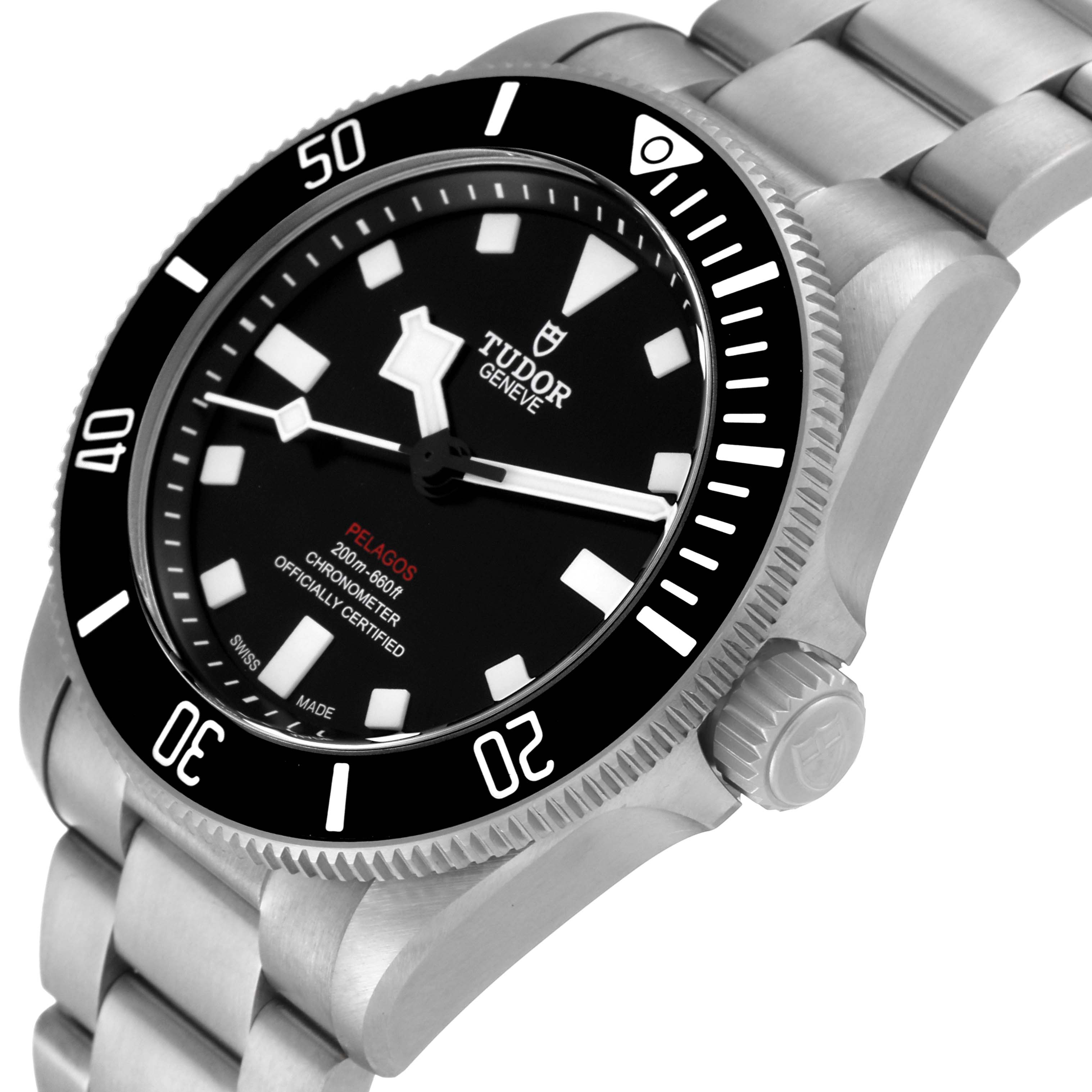 The image shows the dial and part of the bracelet of the Tudor Pelagos 25407N Men
s Titanium Black Dial 25407N Men
s Titanium Black Dial watch, viewed from a slight angle.