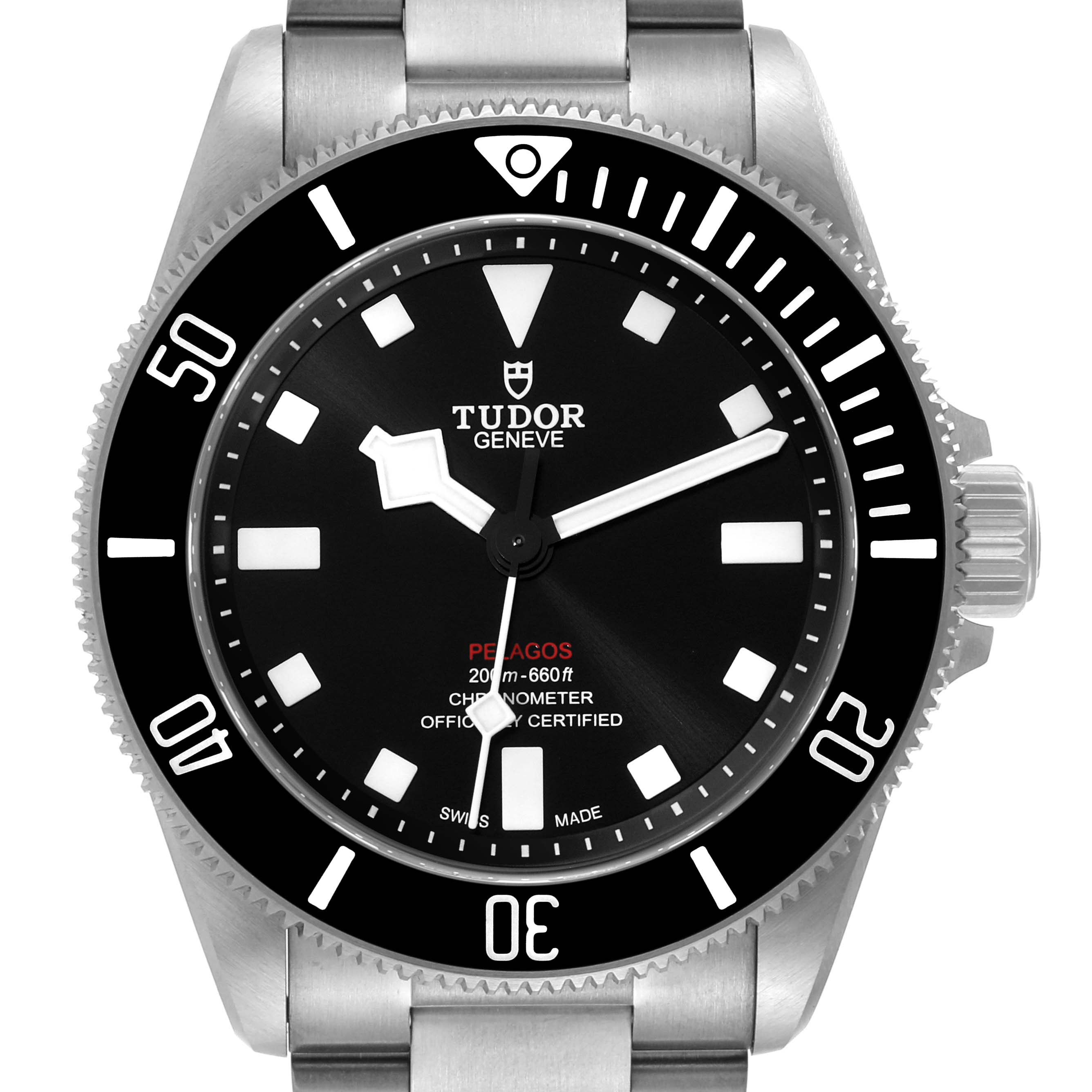 The image shows a front view of the Tudor Pelagos 25407N Men
s Titanium Black Dial 25407N Men
s Titanium Black Dial watch, highlighting its face, bezel, and part of the bracelet.