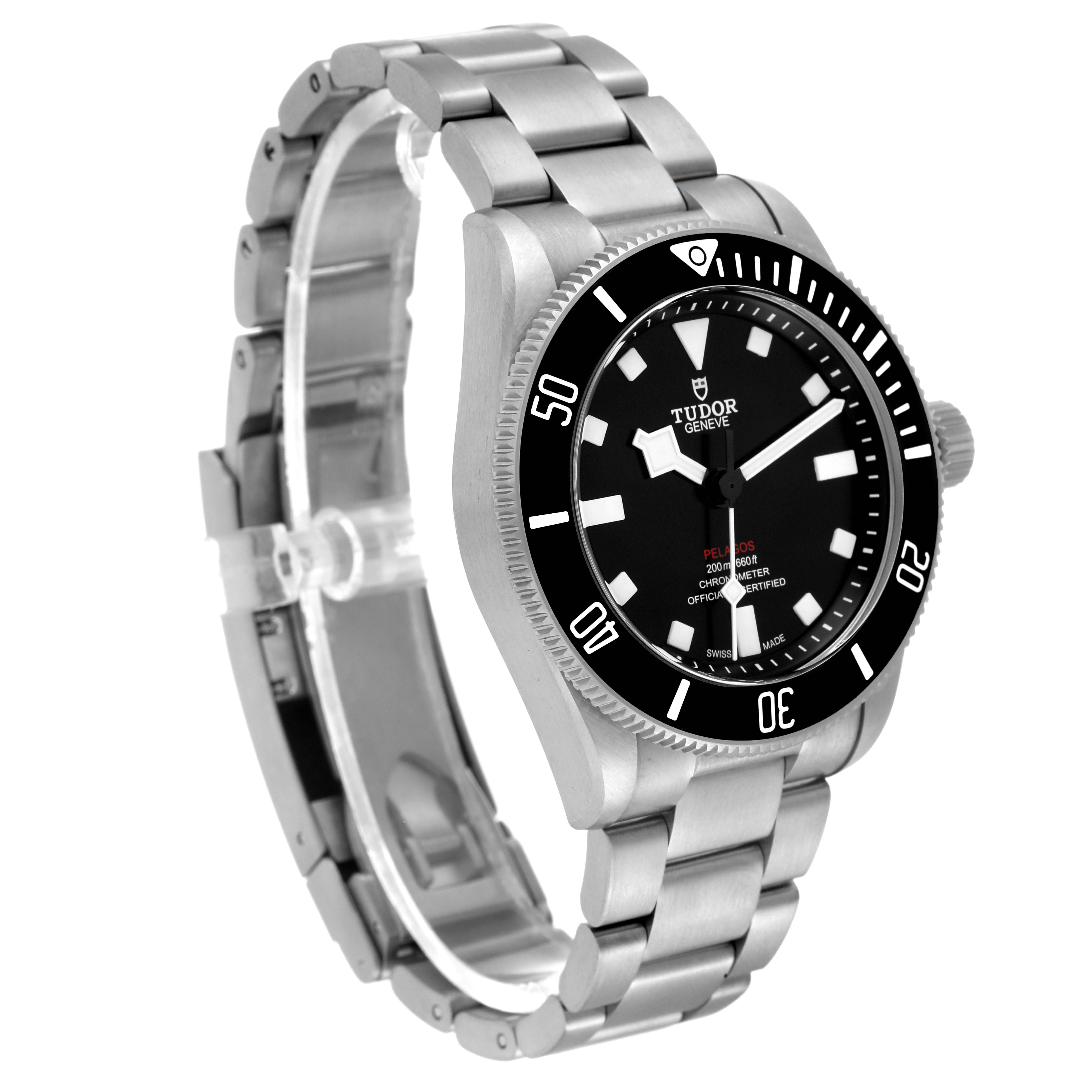The image shows a side angle view of the Tudor Pelagos 25407N Men
s Titanium Black Dial 25407N Men
s Titanium Black Dial watch, highlighting the dial, bezel, and bracelet.