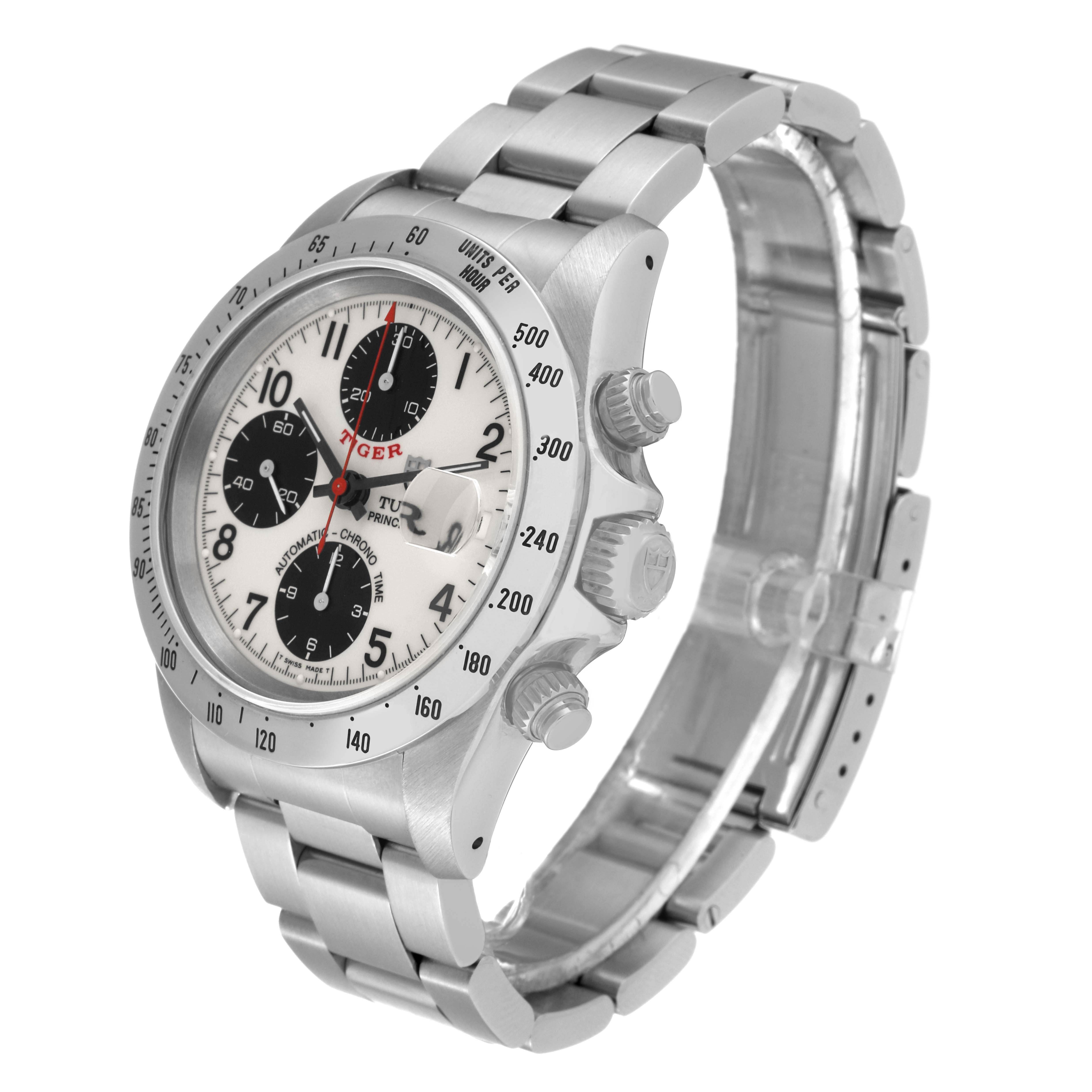 The image shows a side-angle view of the Tudor Prince model watch, displaying the dial, bezel, crown, and stainless steel bracelet.