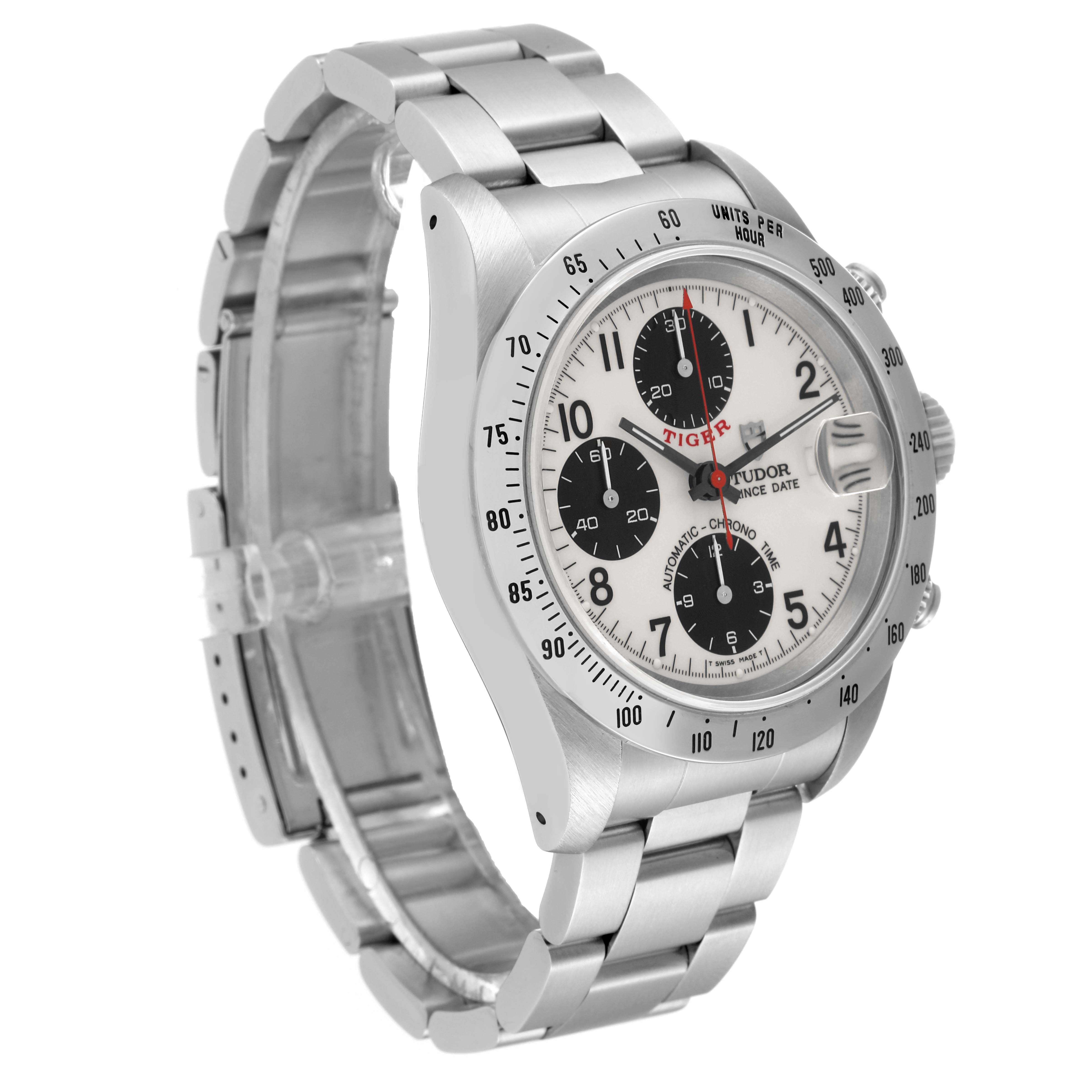 This image shows a Tudor Prince model watch from an angled side view, highlighting the dial, bezel, and bracelet.