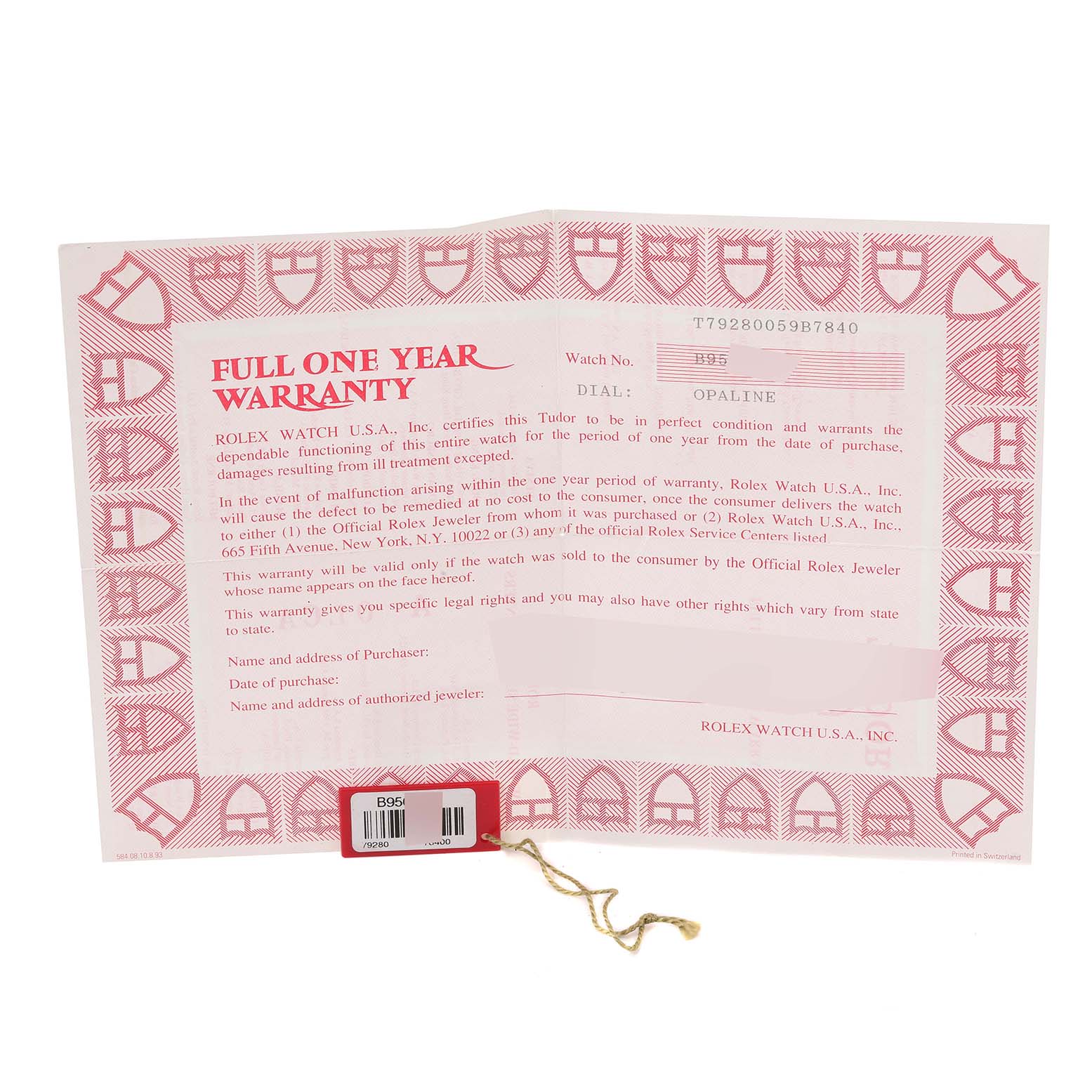 The image shows a one-year warranty certificate for the Tudor Prince model watch.