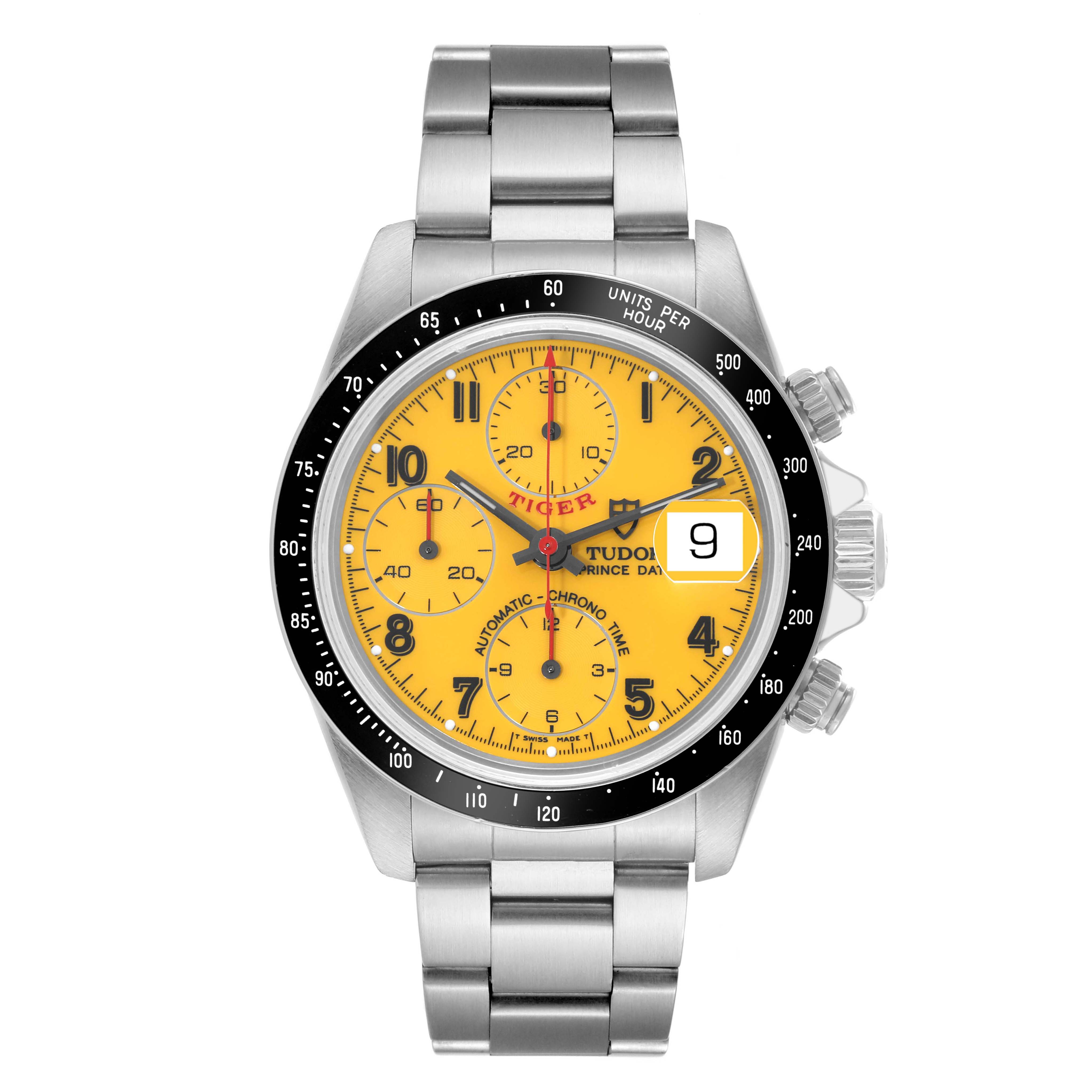 The image shows a front view of a Tudor Tiger 79260 Men's Stainless Steel Yellow Dial 79260 Men's Stainless Steel Yellow Dial model watch with a yellow dial and stainless steel bracelet.