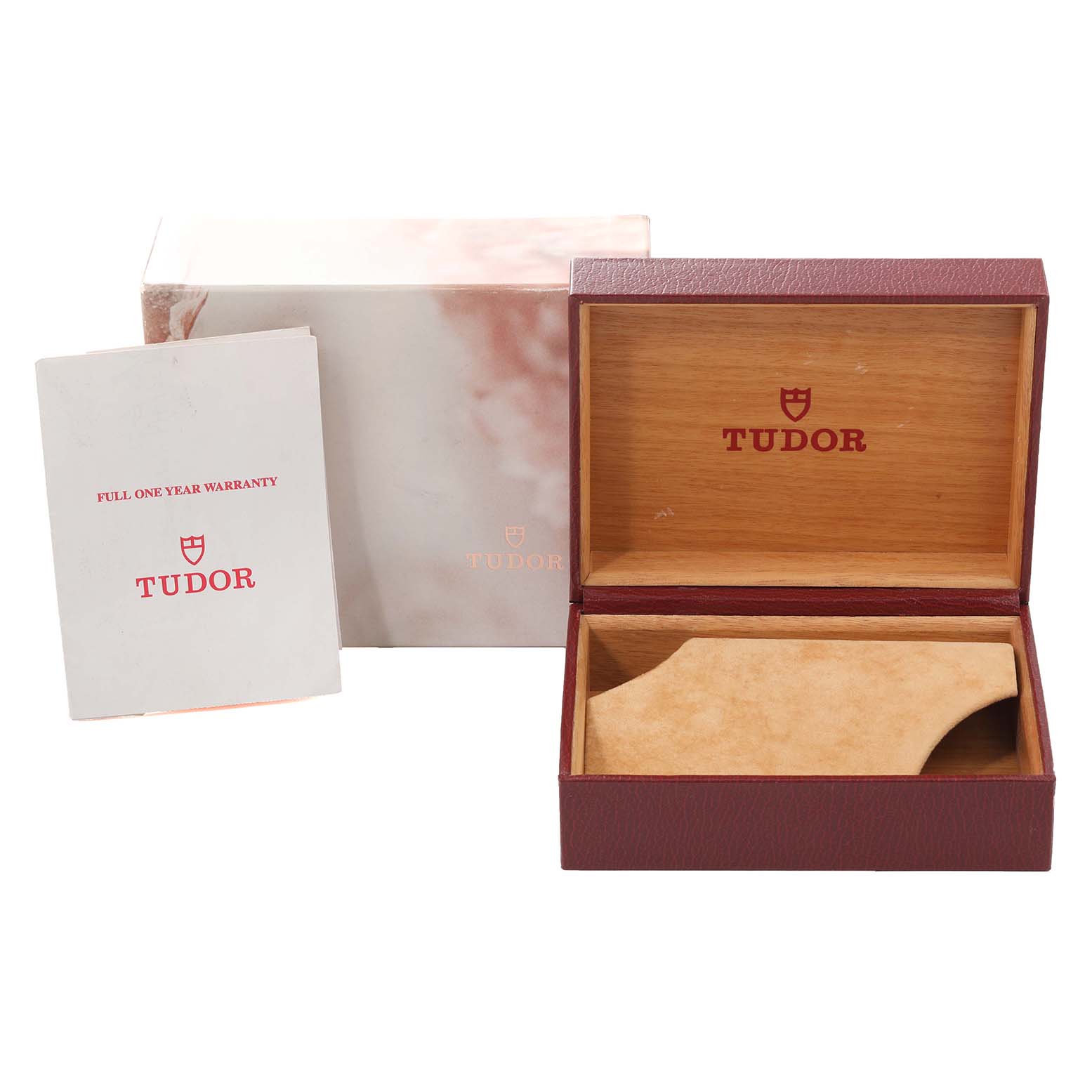 The image shows a Tudor Prince model watch's accessories including its box, warranty card, and outer packaging from a front angle.