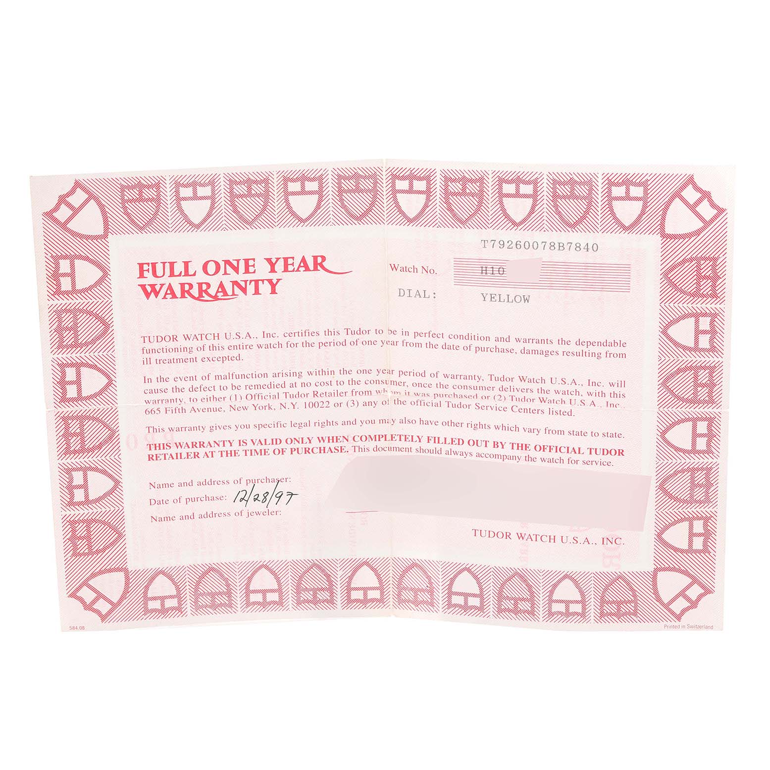 This image shows a full one-year warranty card for the Tudor Prince watch model.