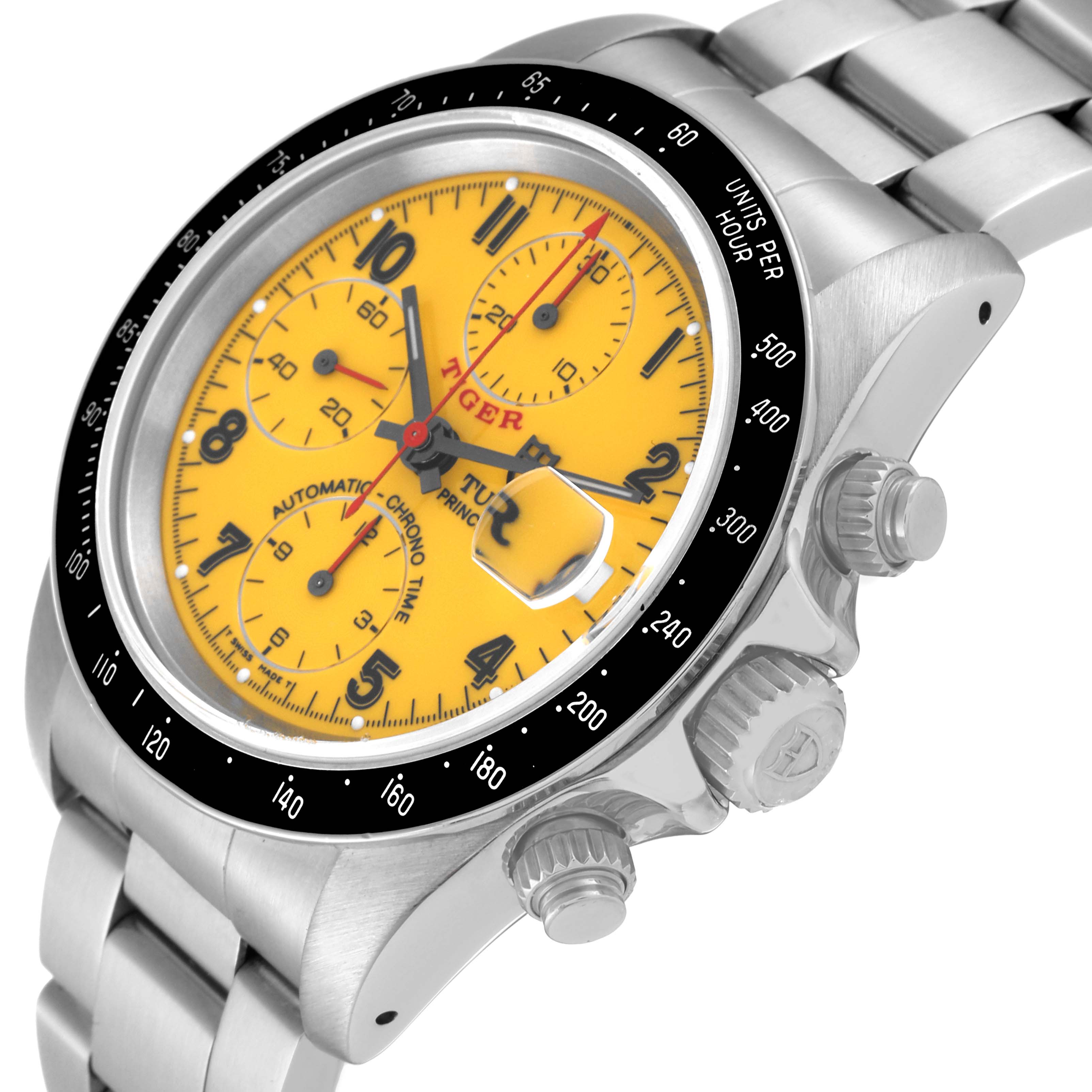 The image shows a close-up, angled view of the dial and side buttons of the Tudor Prince model watch.