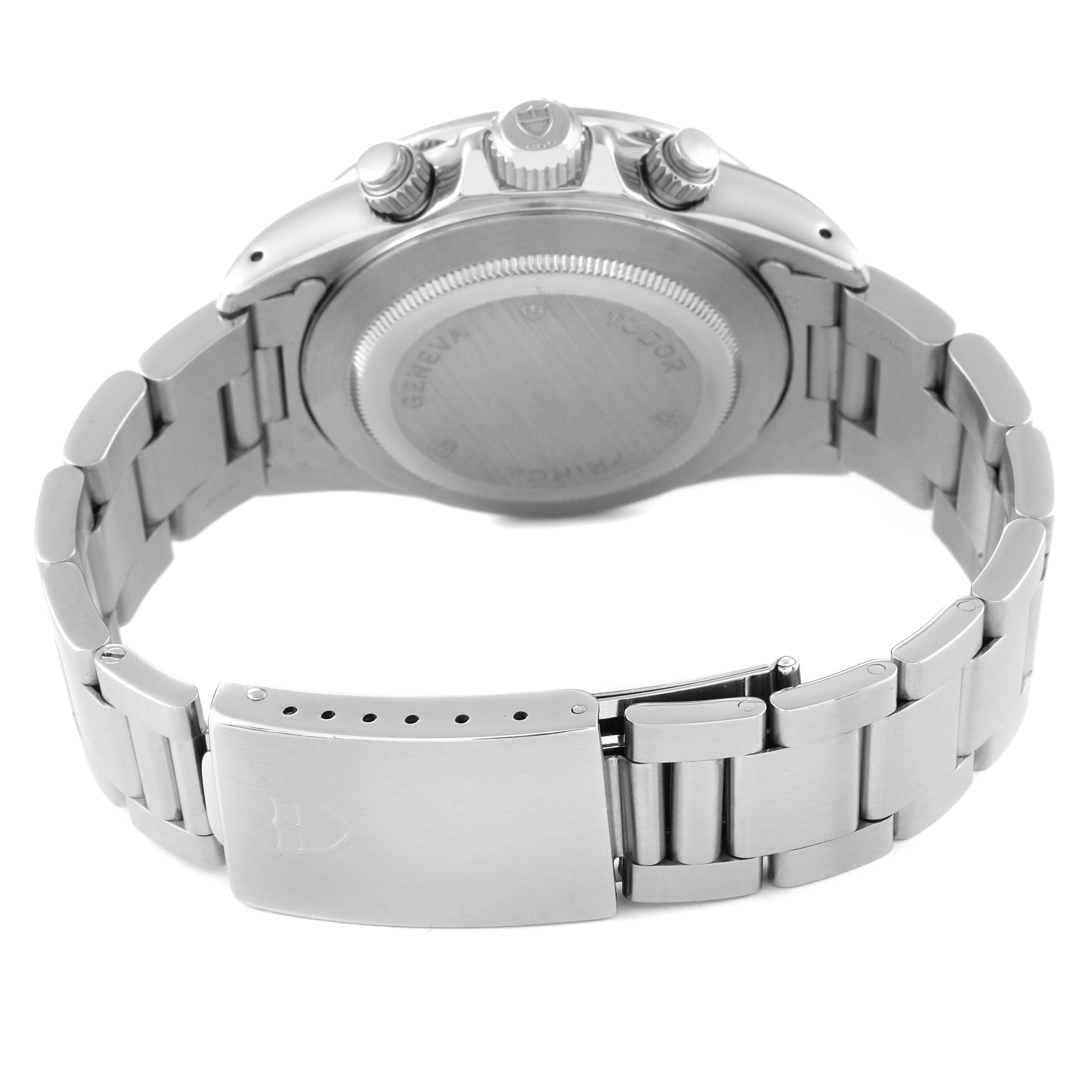 This image shows the back view of a Tudor Prince watch, highlighting the clasp, bracelet, and case back.