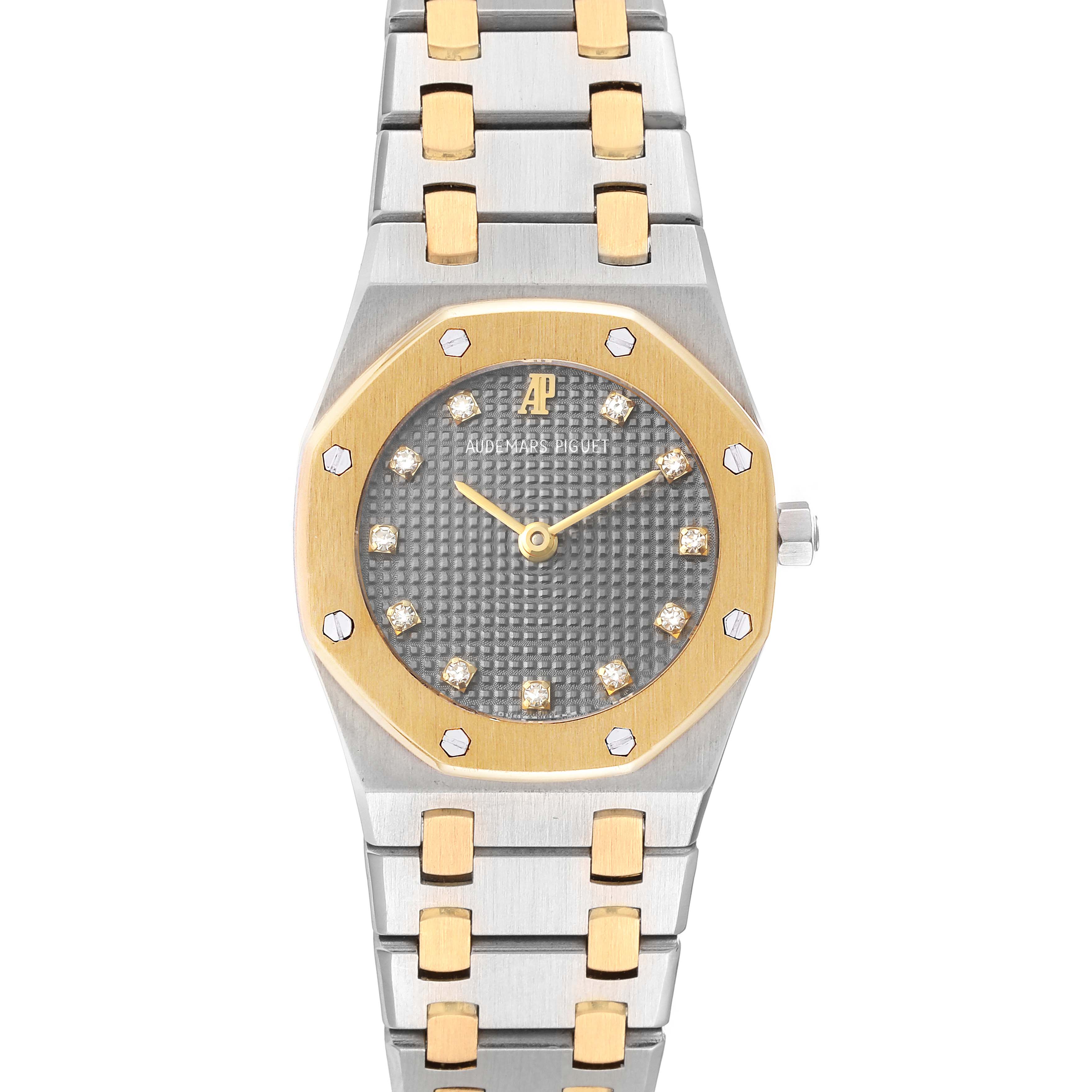 The image shows a front view of an Audemars Piguet Royal Oak N1553 Women's Steel and Gold (two tone) Grey Dial N1553 Women's Steel and Gold (two tone) Grey Dial watch, highlighting its face, bezel, and bracelet.