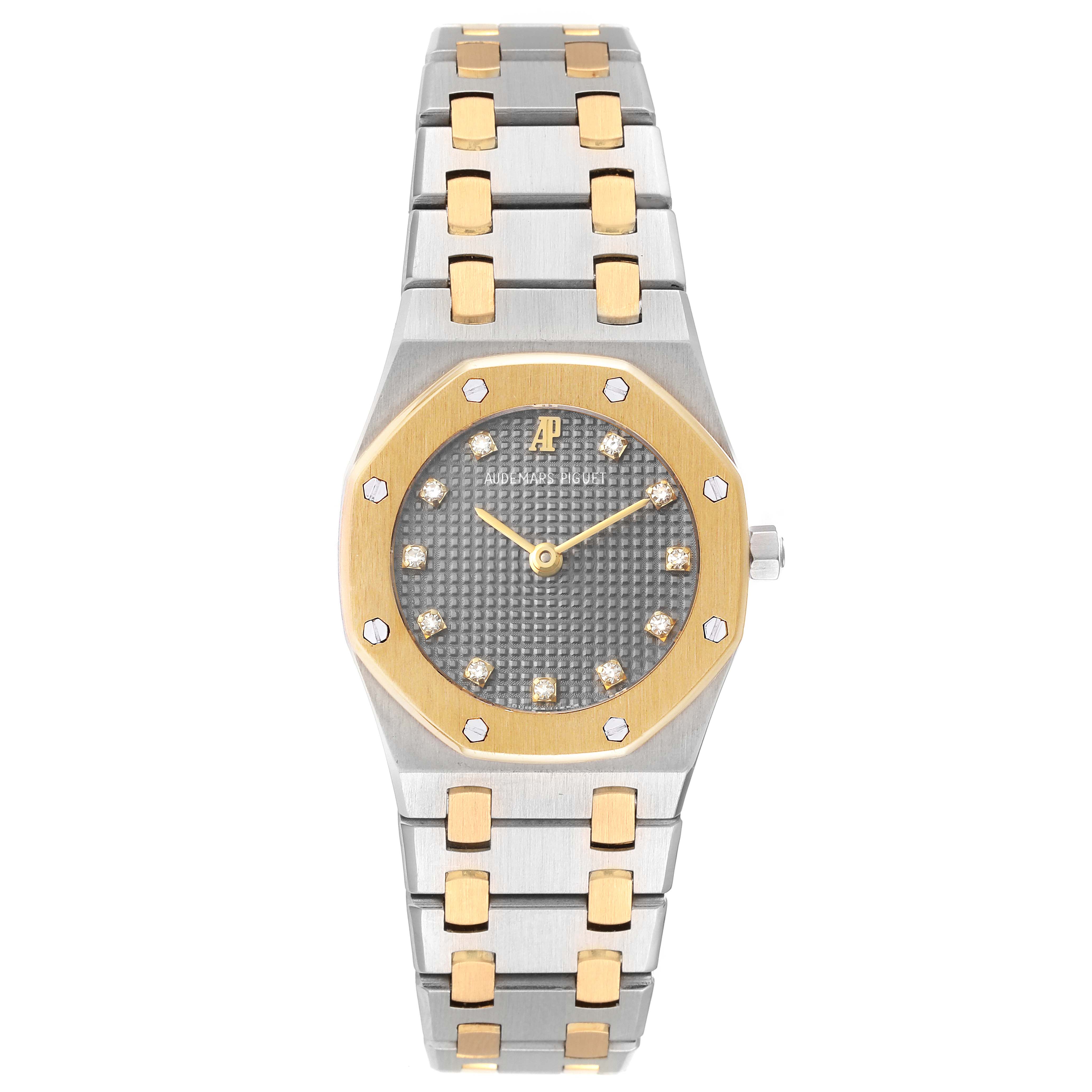 This image shows a front view of an Audemars Piguet Royal Oak N1553 Women's Steel and Gold (two tone) Grey Dial N1553 Women's Steel and Gold (two tone) Grey Dial watch with a gold and steel bracelet and bezel.