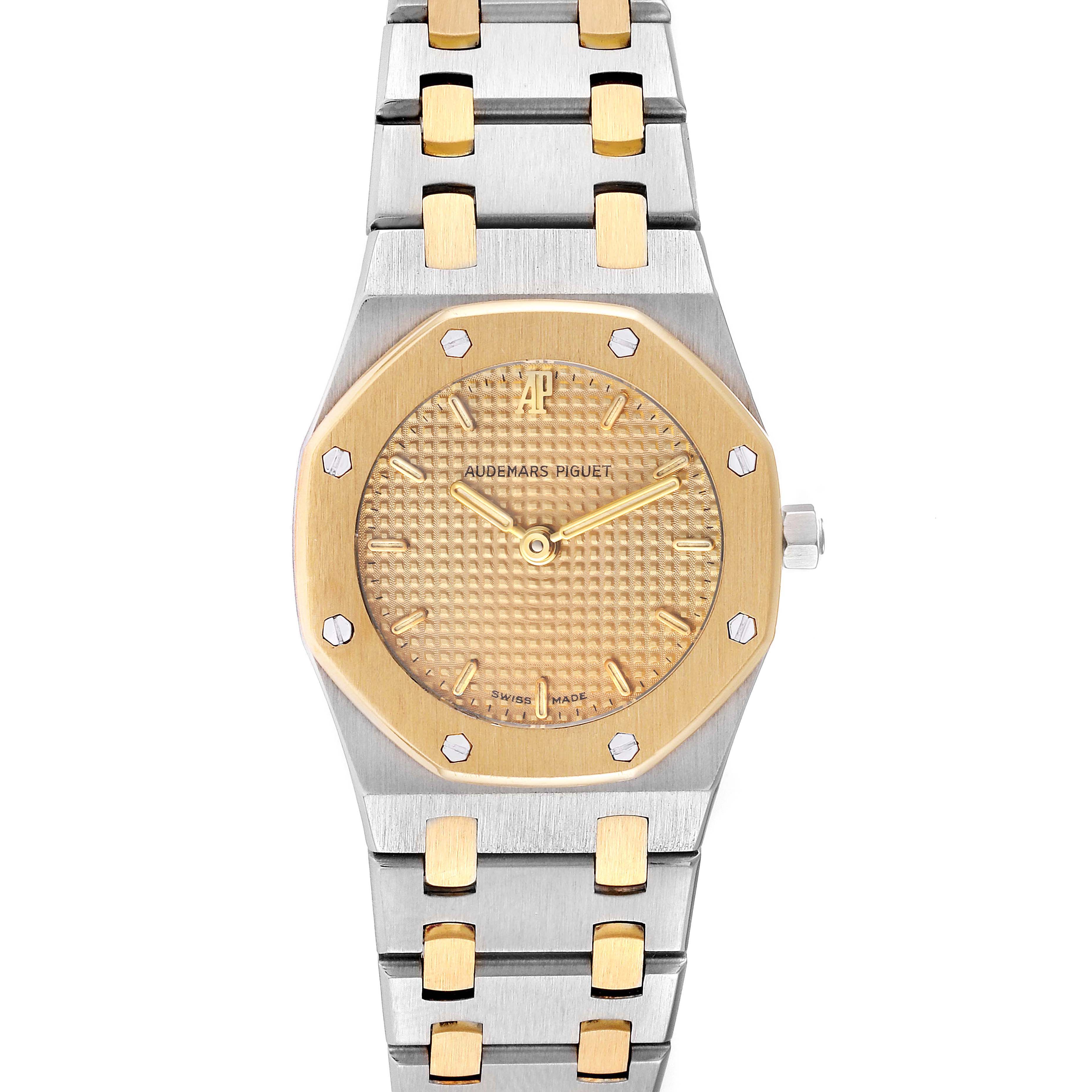 This Audemars Piguet Royal Oak N2354 Women's Steel and Gold (two tone) Champagne Dial N2354 Women's Steel and Gold (two tone) Champagne Dial watch is shown from the front, displaying its bracelet, bezel, and dial.